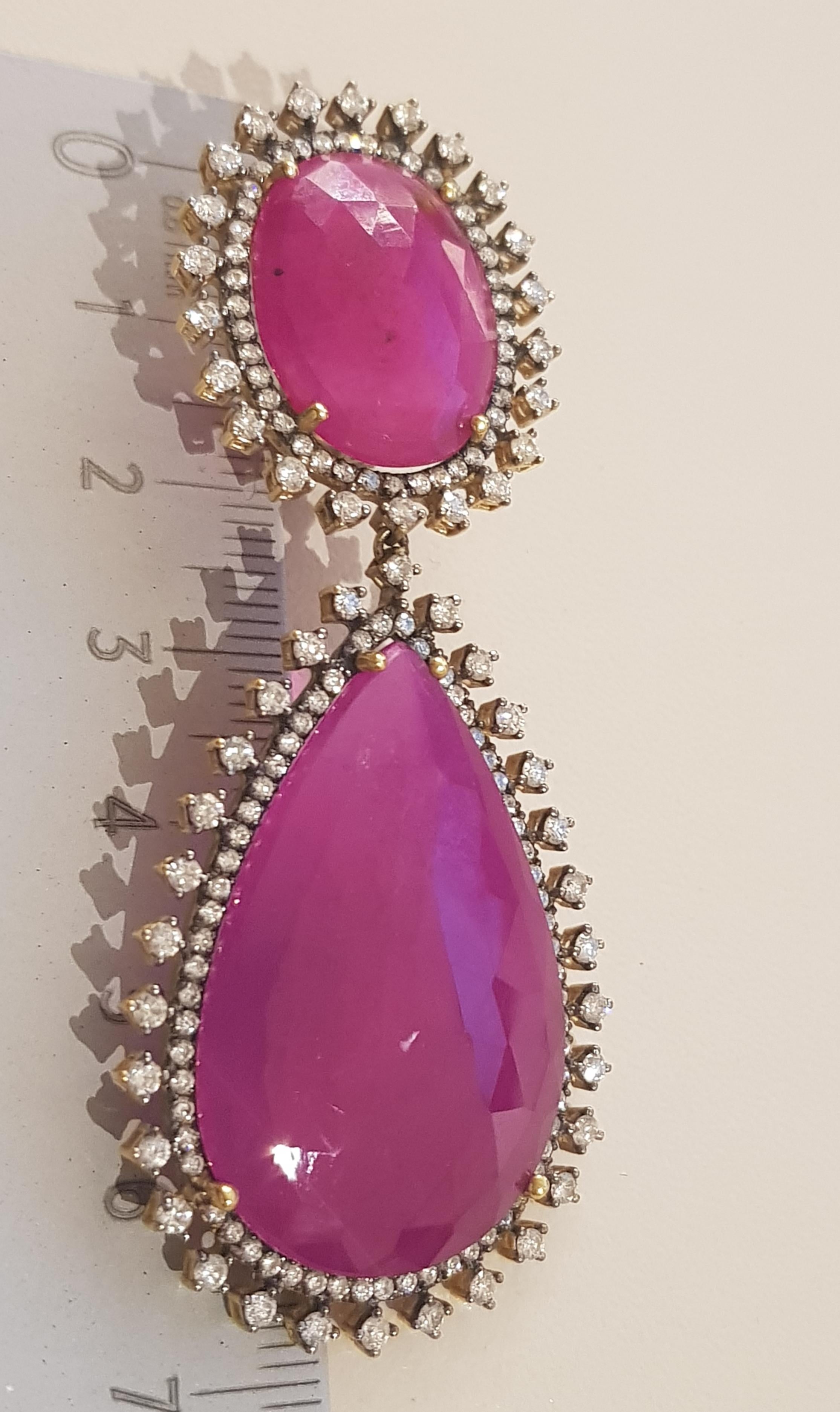 Rose Gold Diamond Slice Ruby Drop Earrings For Sale 2