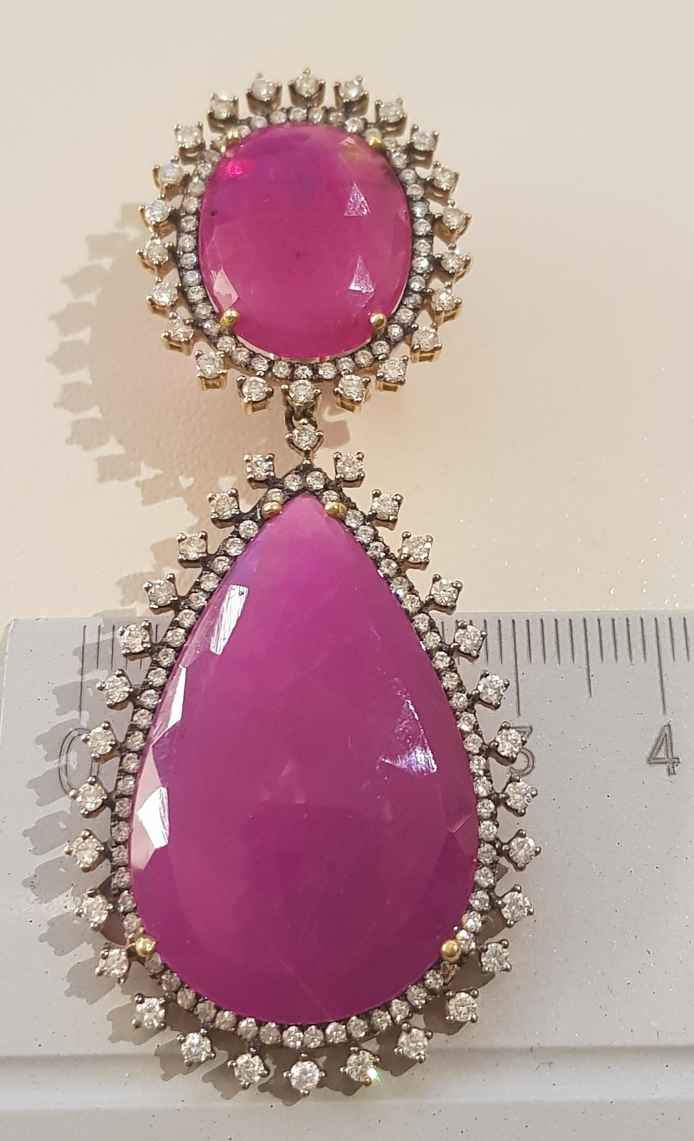 Rose Gold Diamond Slice Ruby Drop Earrings For Sale 3