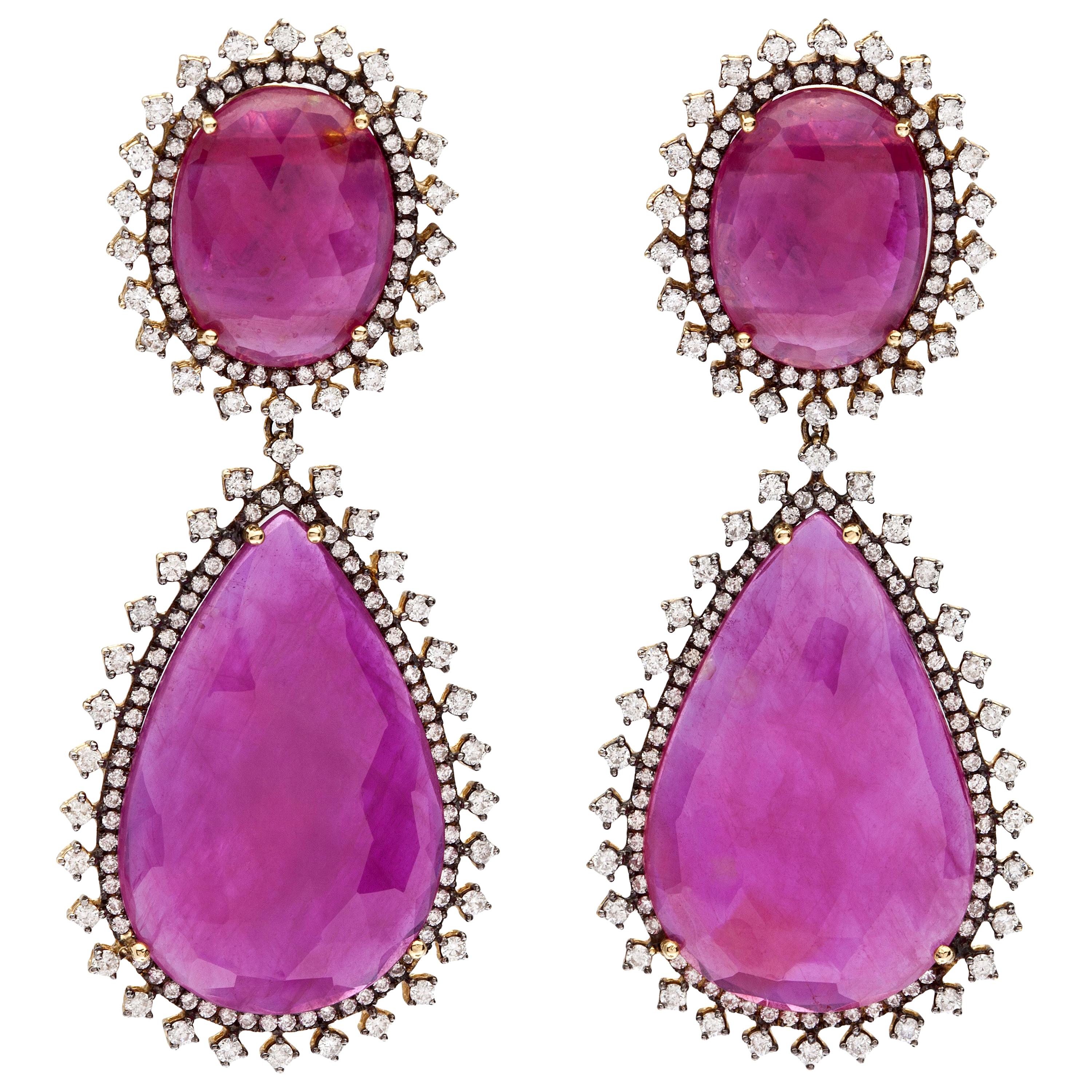 Rose Gold Diamond Slice Ruby Drop Earrings For Sale