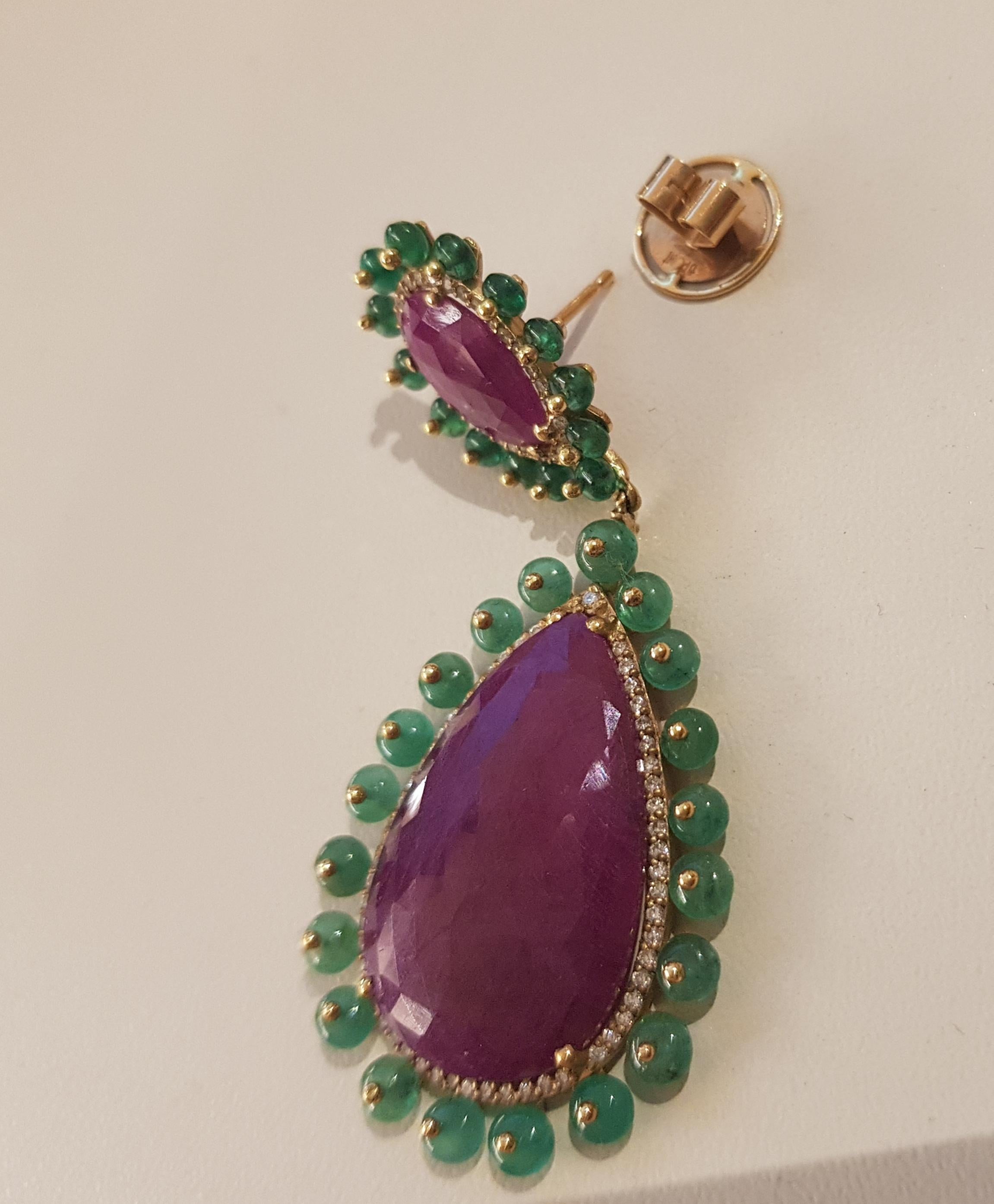 Rose Gold Diamond Slice Ruby Emerald Drop Earrings im Angebot 4