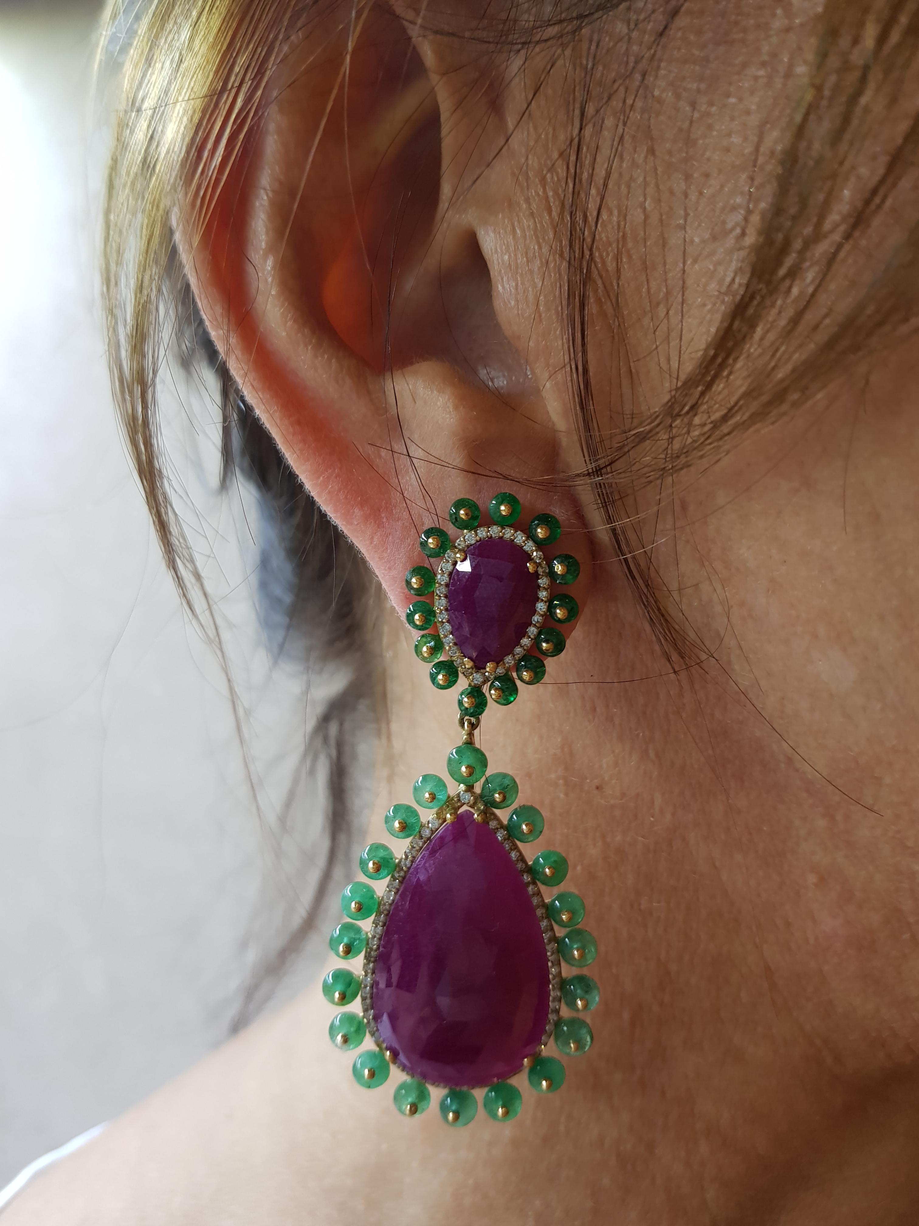 Rose Gold Diamond Slice Ruby Emerald Drop Earrings (Zeitgenössisch) im Angebot