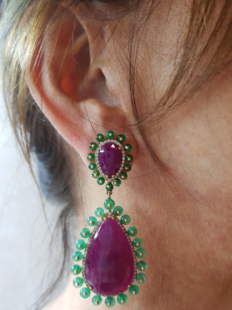 Rose Gold Diamond Slice Ruby Emerald Drop Earrings For Sale at 1stDibs