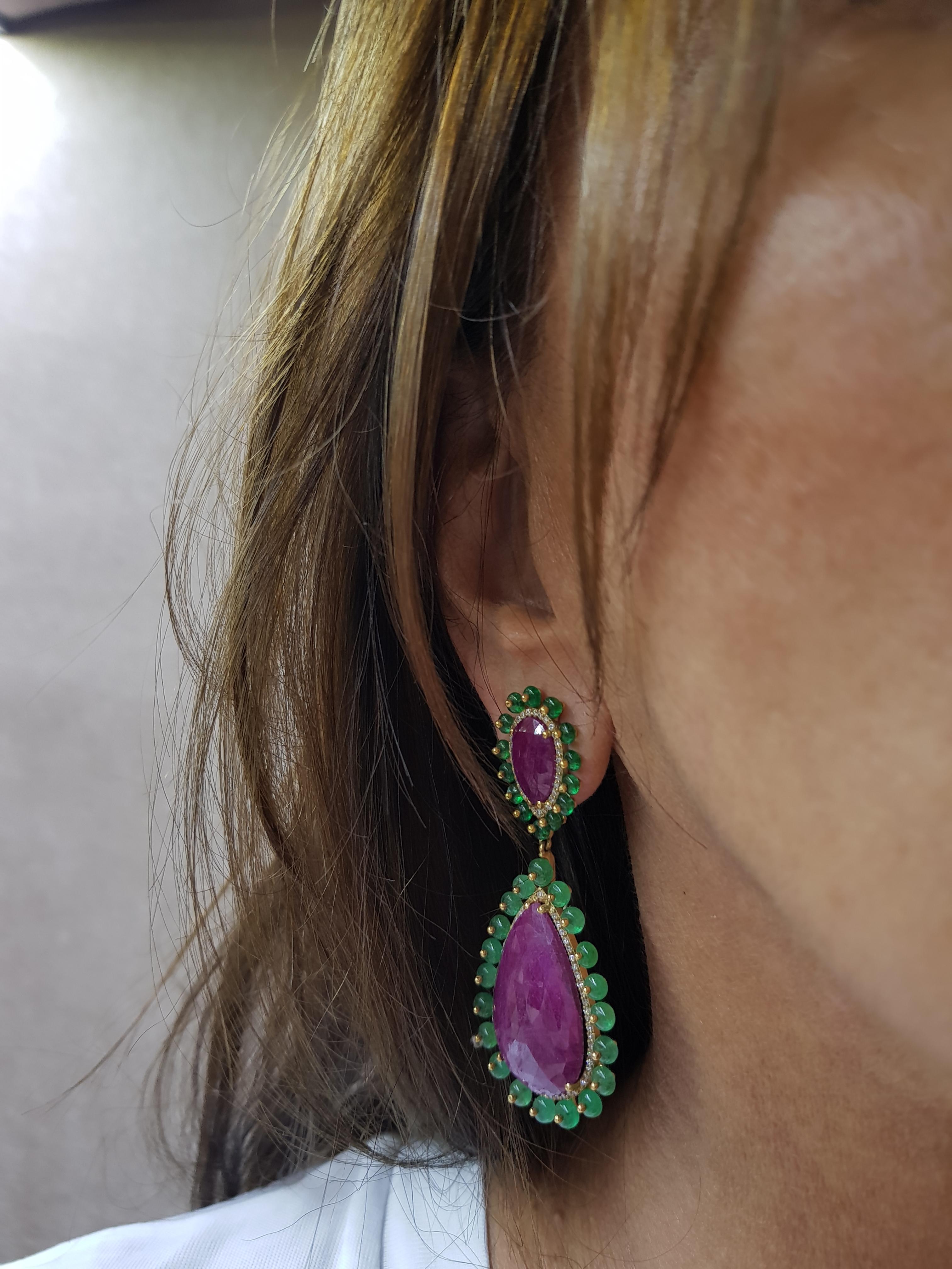 Rose Gold Diamond Slice Ruby Emerald Drop Earrings im Zustand „Neu“ im Angebot in Findikli, Beyoglu