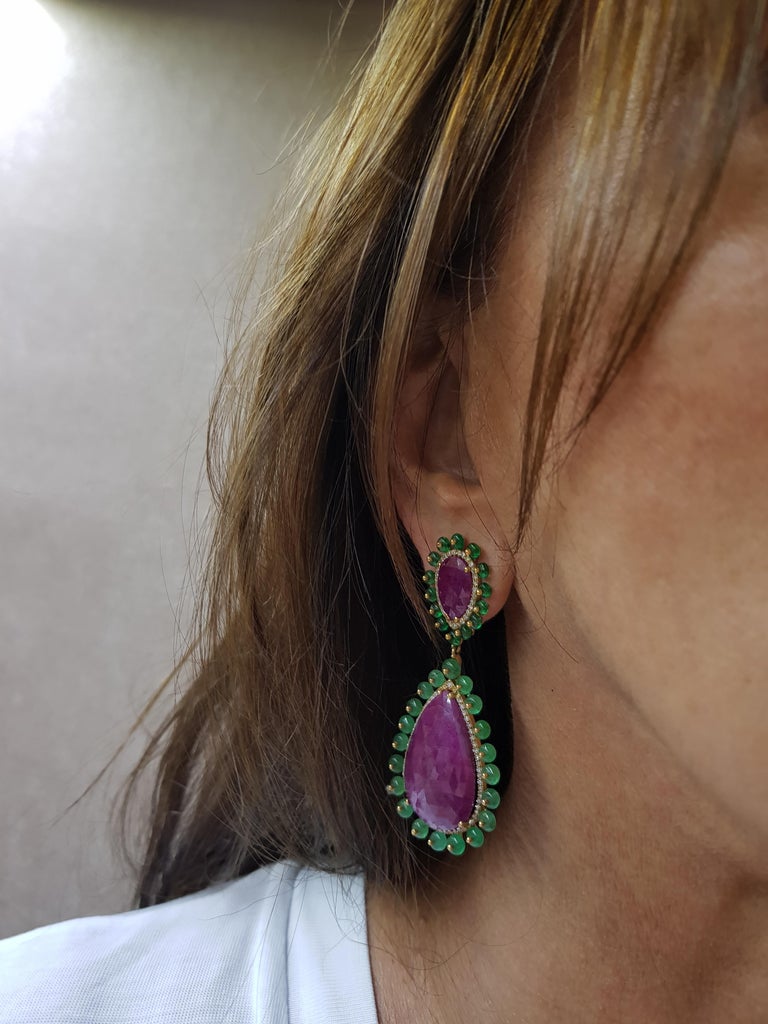 Rose Gold Diamond Slice Ruby Emerald Drop Earrings For Sale at 1stDibs