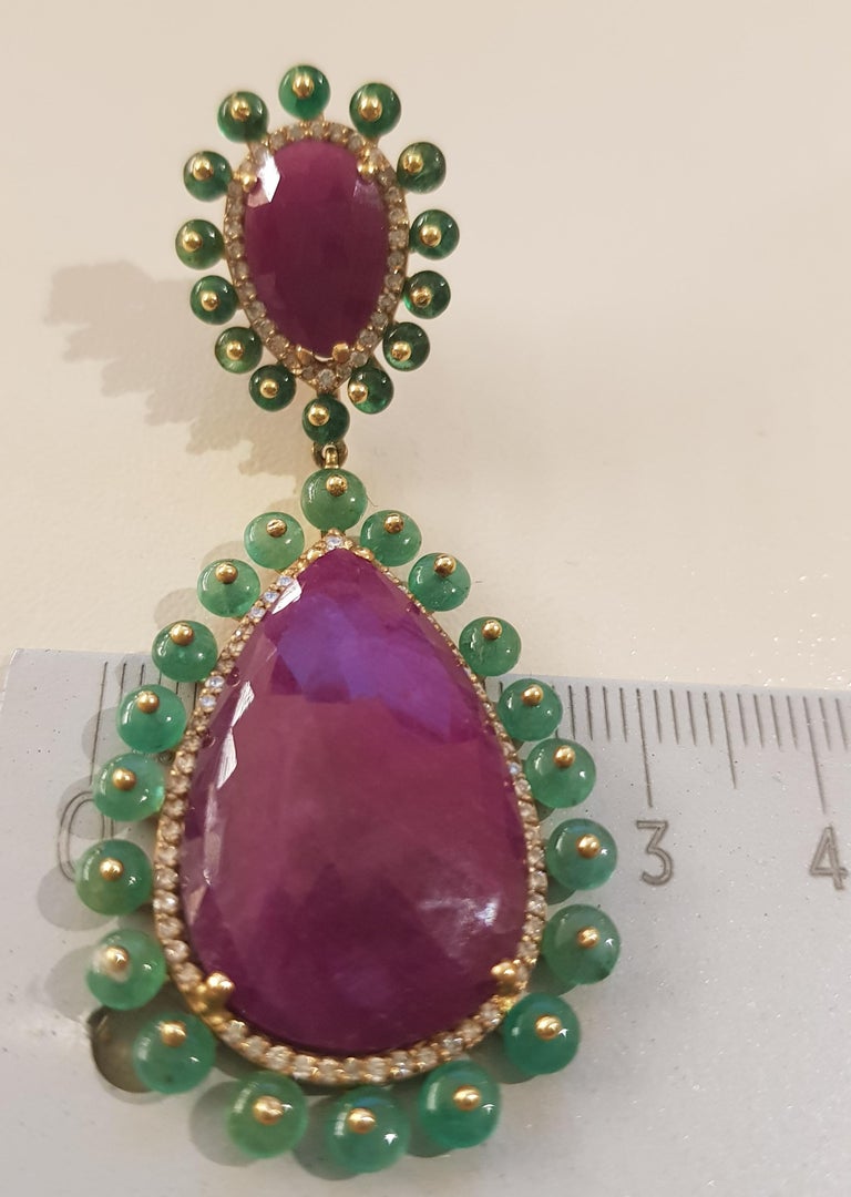 Rose Gold Diamond Slice Ruby Emerald Drop Earrings For Sale at 1stdibs