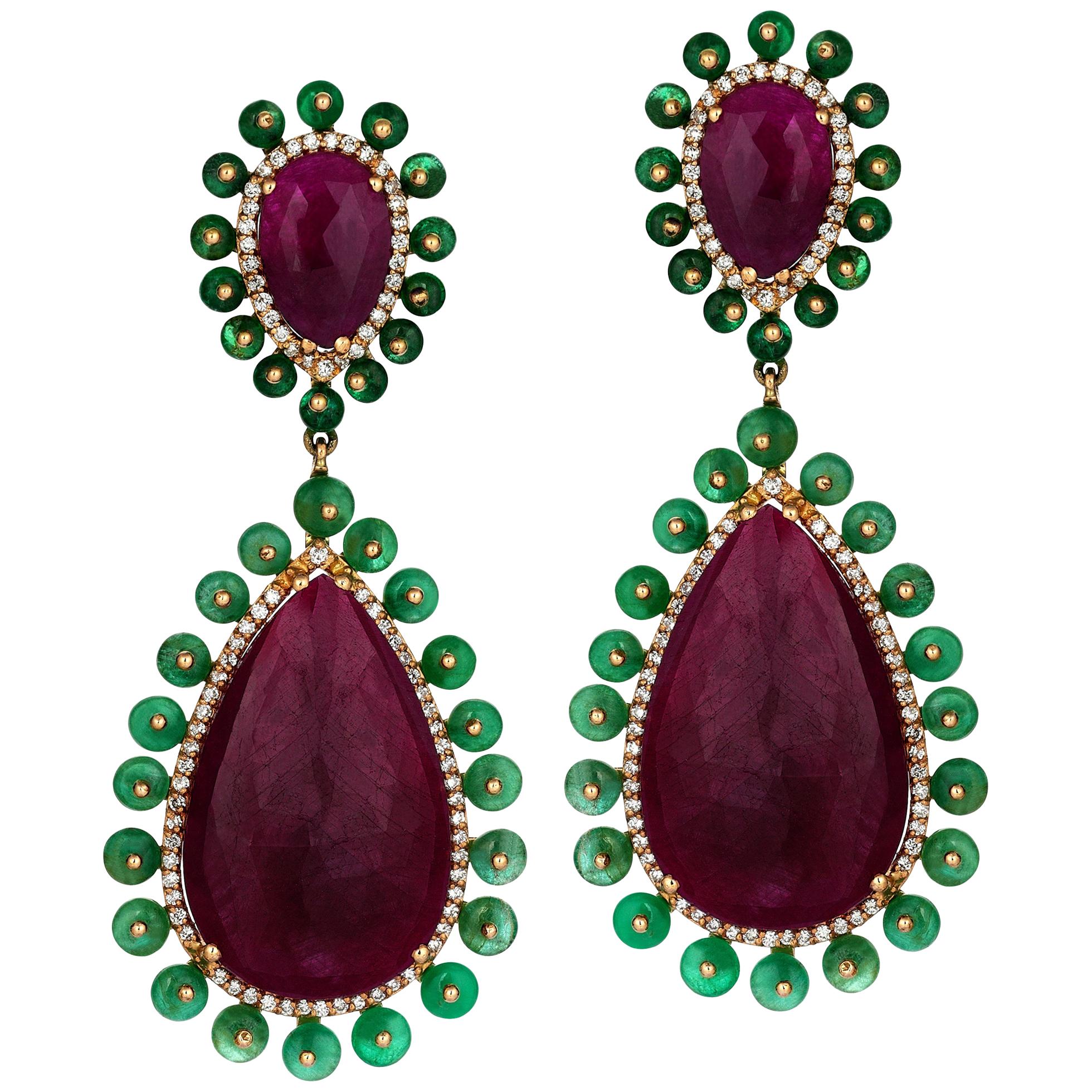 Rose Gold Diamond Slice Ruby Emerald Drop Earrings im Angebot