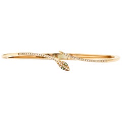 Rose Gold Diamond Snake Bracelet Hinged Bangle Cuff Egyptian Revival Green Eyes