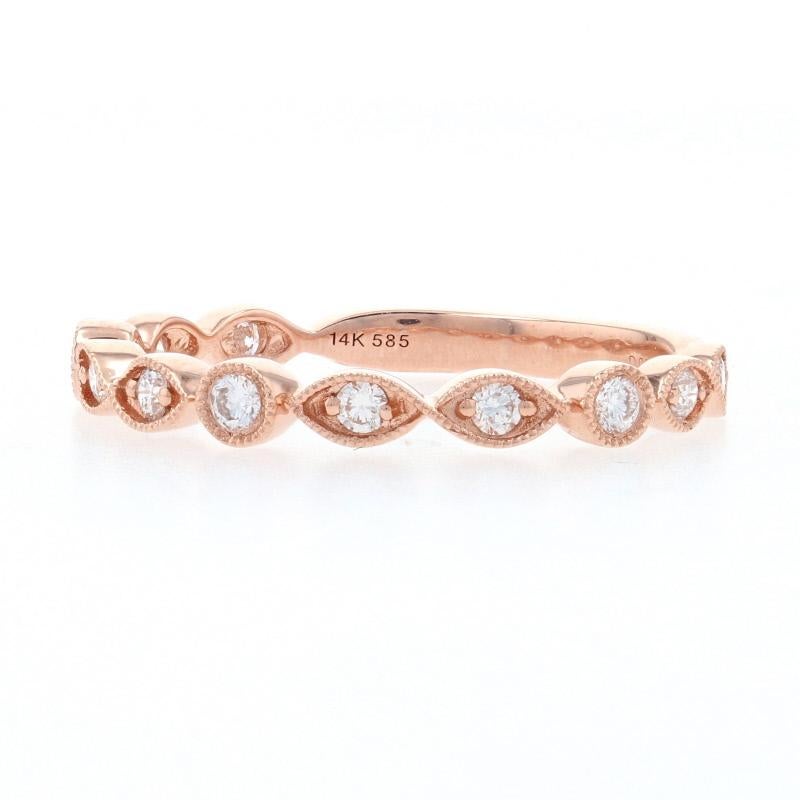 Size: 6 1/2
Sizing Fee: Up 2 sizes or Down 1 size for $30 

Metal Content: 14k Rose Gold 

Stone Information: 
Natural Diamonds
Total Carats: .21ctw
Cut: Round Brilliant 
Color: G   
Clarity: SI1 

Style: Stackable Band
Features: Milgrain