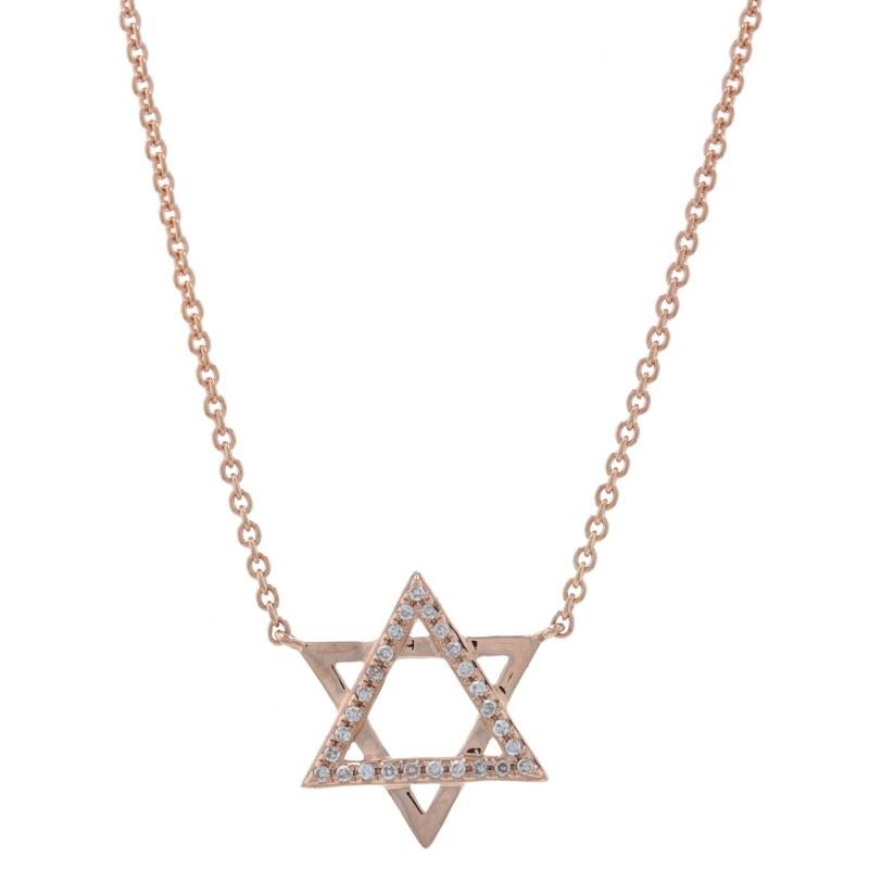 Metal Content: 14k Rose Gold

Stone Information
Natural Diamonds
Total Carats: .10ctw
Cut: Single
Color: G - H
Clarity: VS1 - VS2

Chain Style: Cable
Fastening Type: Lobster Claw Clasp
Theme: Star of David, Judaica, Faith

Attached Pendant
