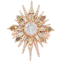 Vintage Rose Gold Diamond Starburst Halo Ring, 18 Karat Round Brilliant Cut 2.87 Carat
