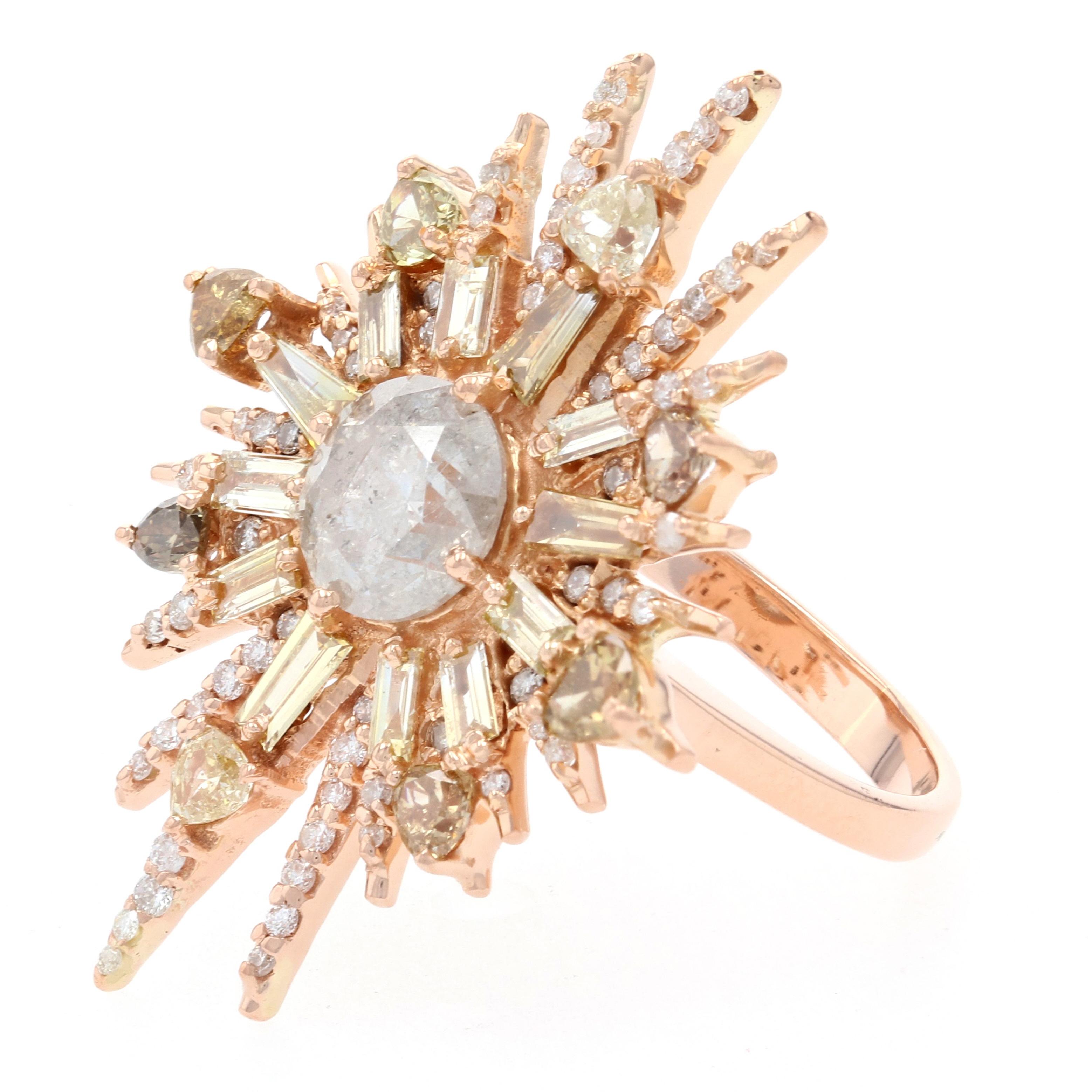 Size: 5
 Sizing Fee: Up 2 sizes for $35 
 
 Metal Content: 18k Rose Gold 
 
 Stone Information: 
 Natural Diamond Solitaire 
 Carat: 1.05ct
 Cut: Round Brilliant 
 Color: H
 Clarity: I3 
 Diameter: 6.5mm
 
 Natural Diamond Accents
 Carats: 1.82ctw
