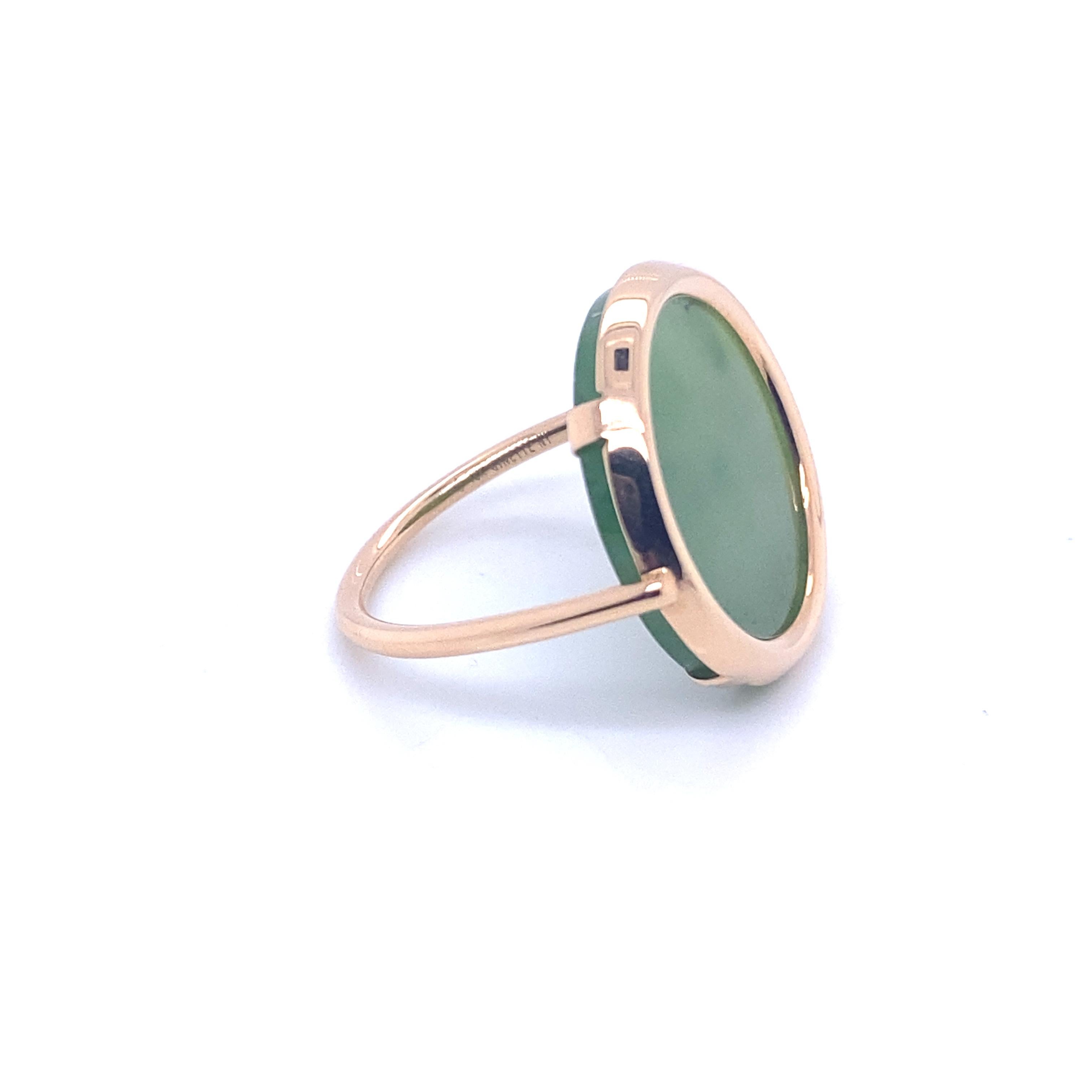 Rose Gold Ring with Jade Stone
Ring in 18 carat Rose Gold surmounted by a round-shaped Jade stone which measures 1.7cm in width and 1.7cm in length. The weight of gold is 4.15 Carat.

French size: 53
US size: 6 1/4
English size: M

Go to our