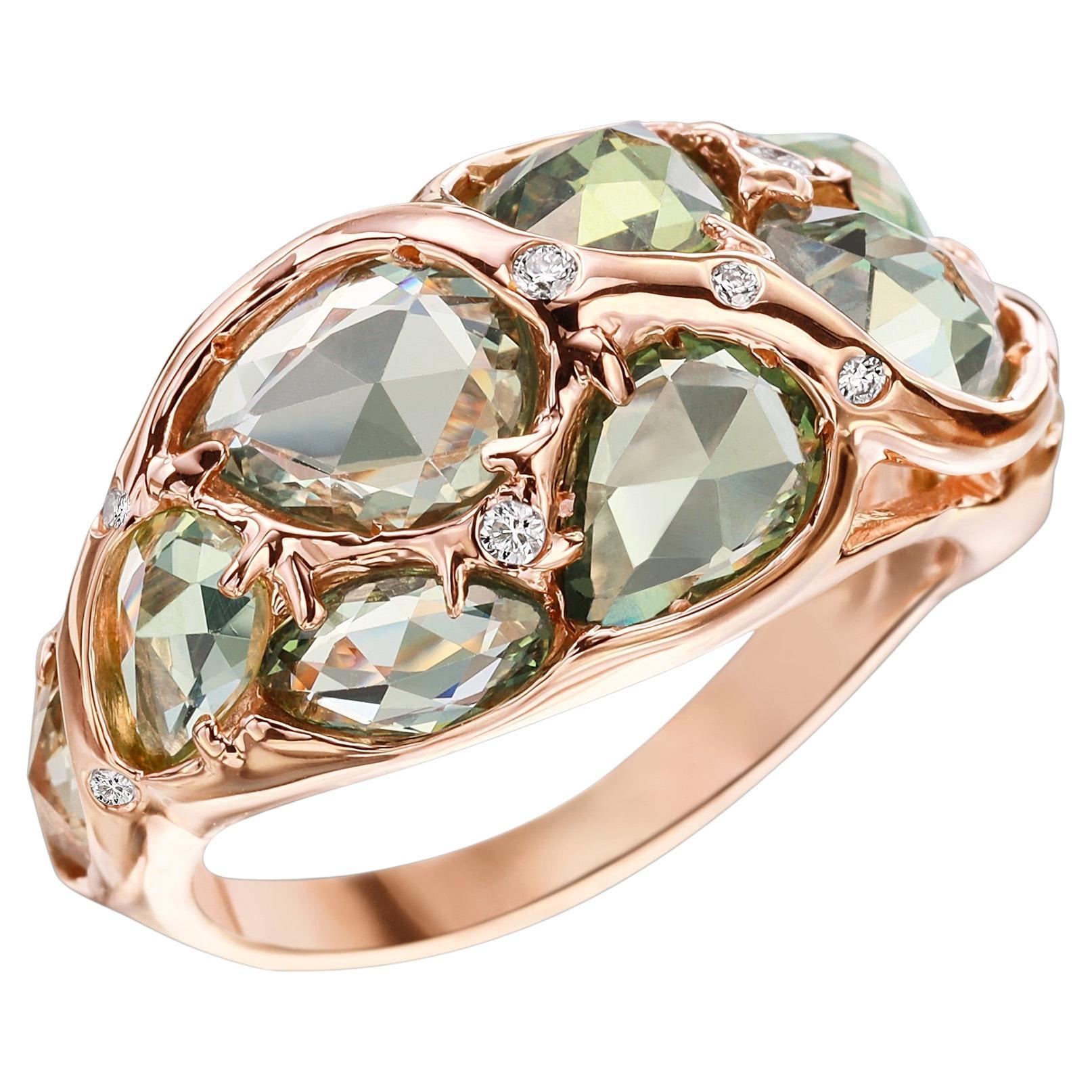 Rose Gold Dome Ring with Rose Cut Green Sapphire and Diamond Melee For Sale