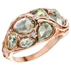 Rose Gold Dome Ring with Rose Cut Green Sapphire and Diamond Melee