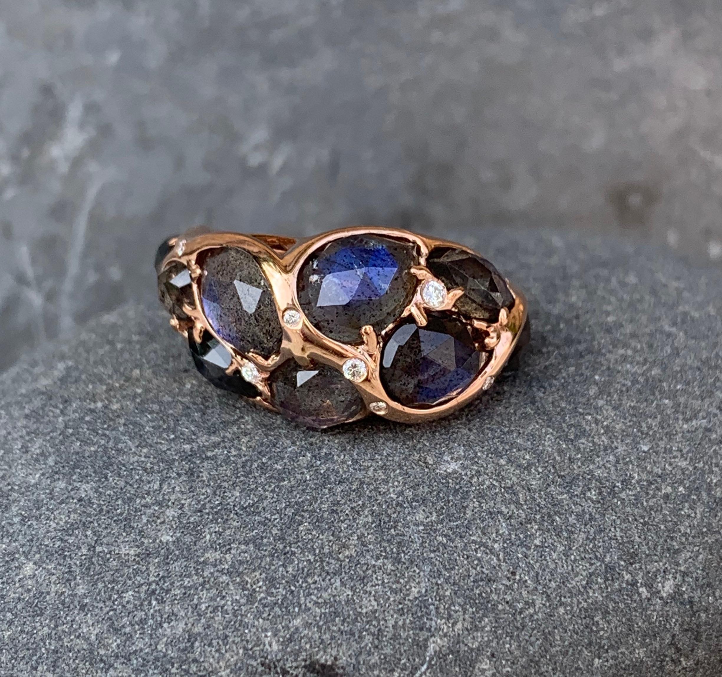 Women's Rose Gold Dome Ring with Rose Cut Labradorite & Diamond Melee For Sale