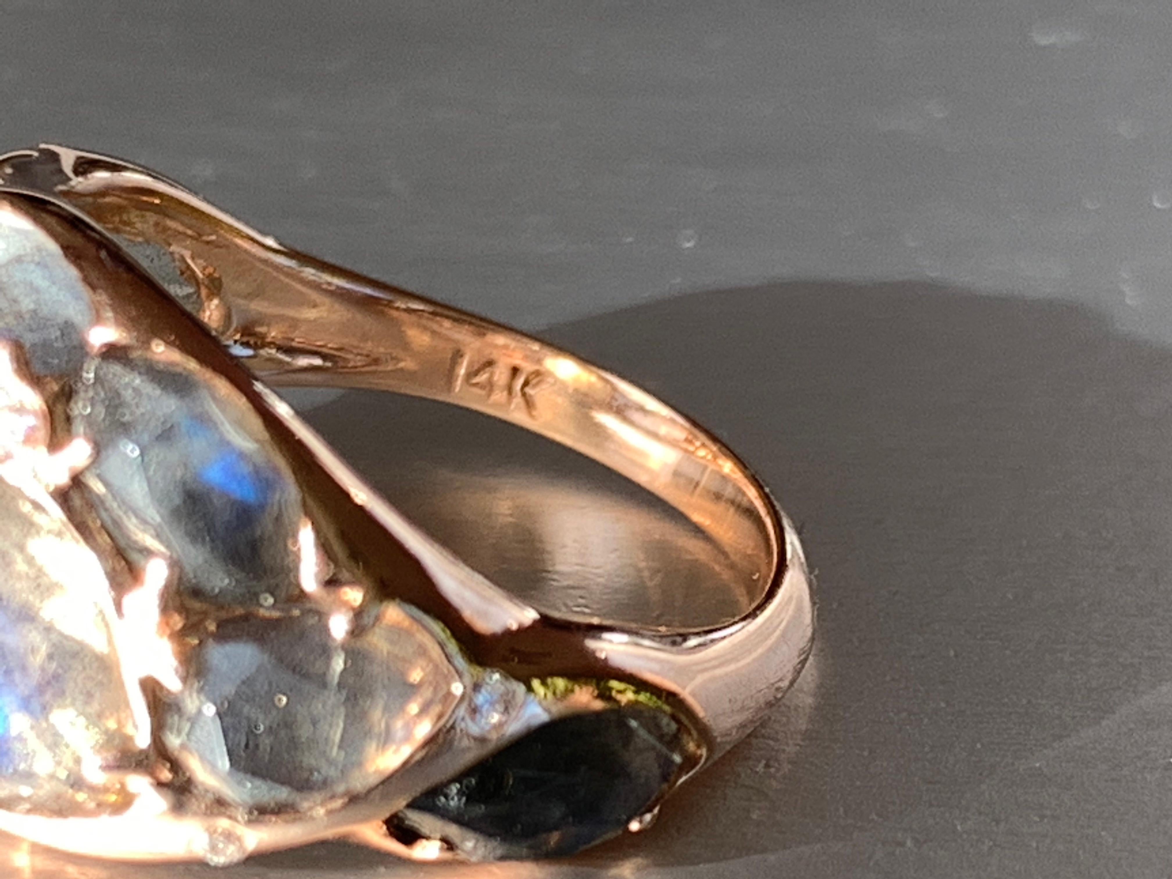 Rose Gold Dome Ring with Rose Cut Labradorite & Diamond Melee For Sale 1