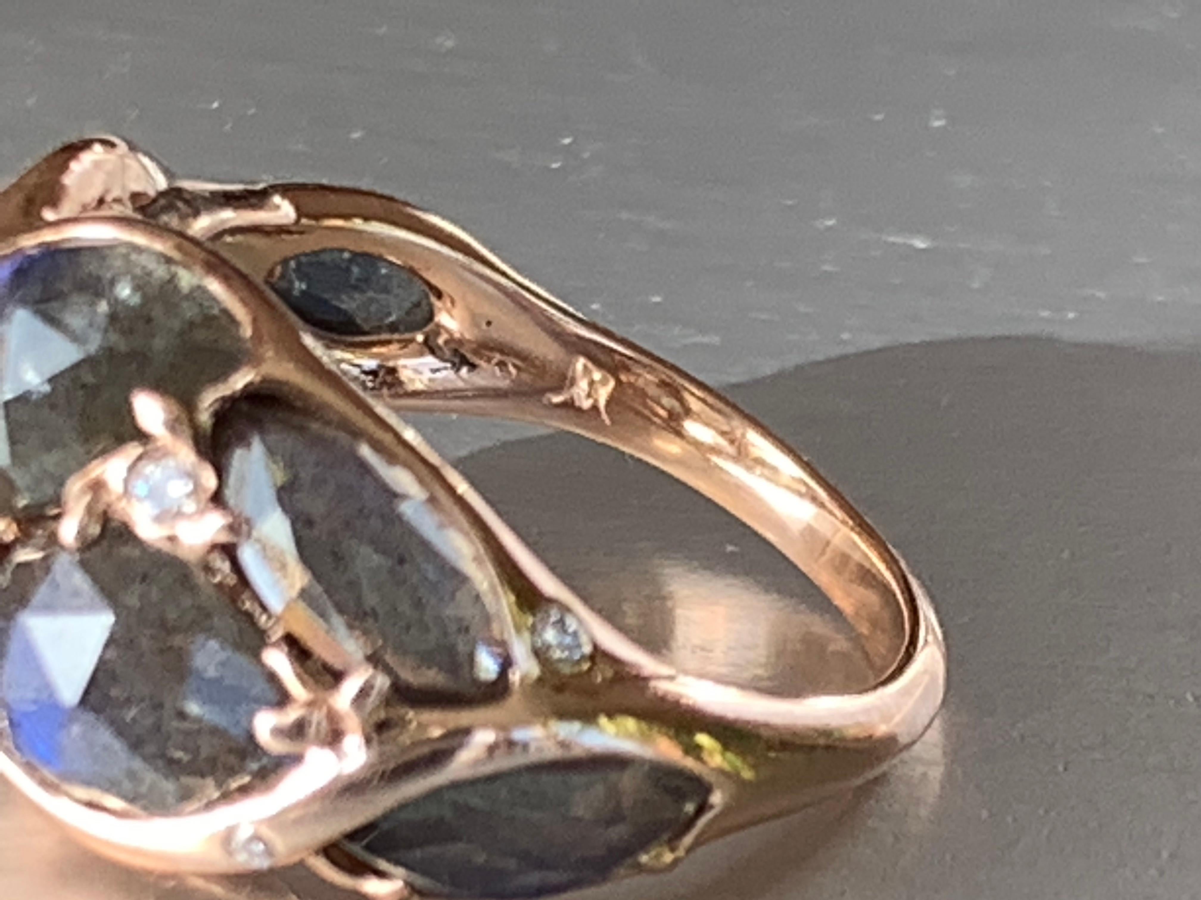 Rose Gold Dome Ring with Rose Cut Labradorite & Diamond Melee For Sale 2