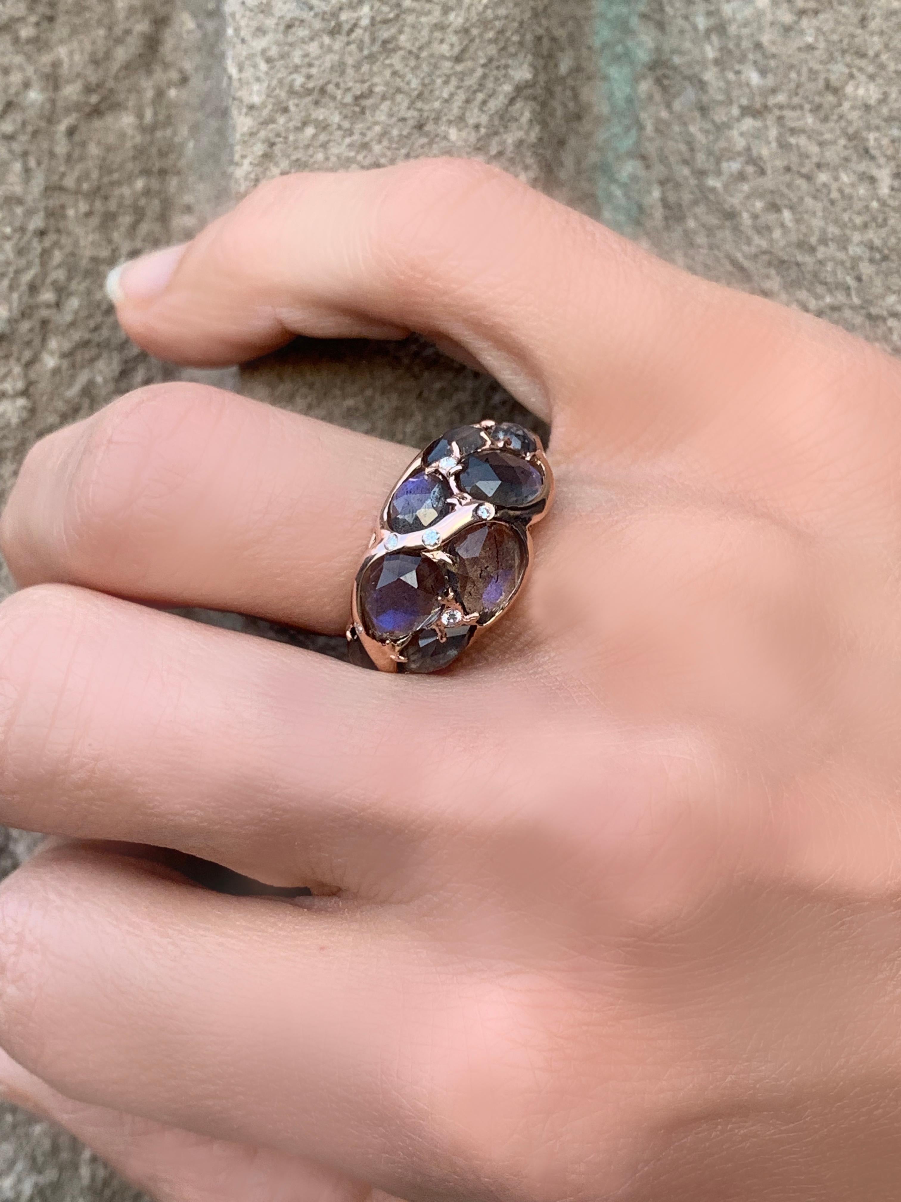 Rose Gold Dome Ring with Rose Cut Labradorite & Diamond Melee For Sale 3