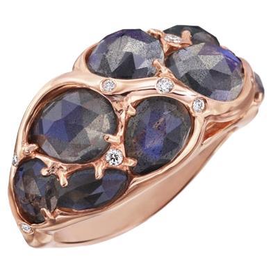 Rose Gold Dome Ring with Rose Cut Labradorite & Diamond Melee For Sale