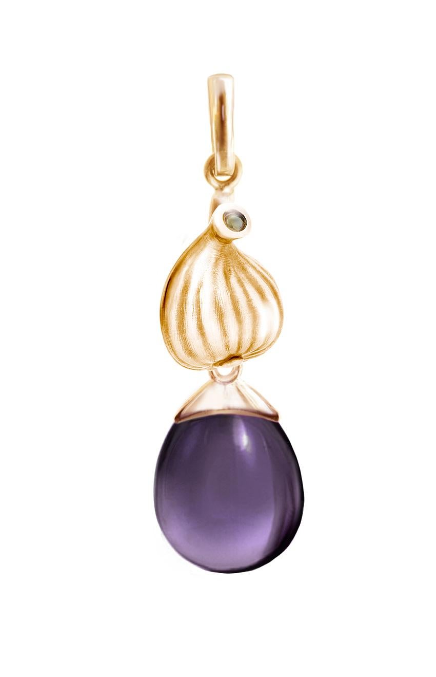 This 14 karat rose gold Fig drop pendant necklace features a cabochon natural amethyst gem that is open to light. The collection was previously featured in Vogue UA.

The artist, Polya Medvedeva, was inspired to create a jewelry collection featuring
