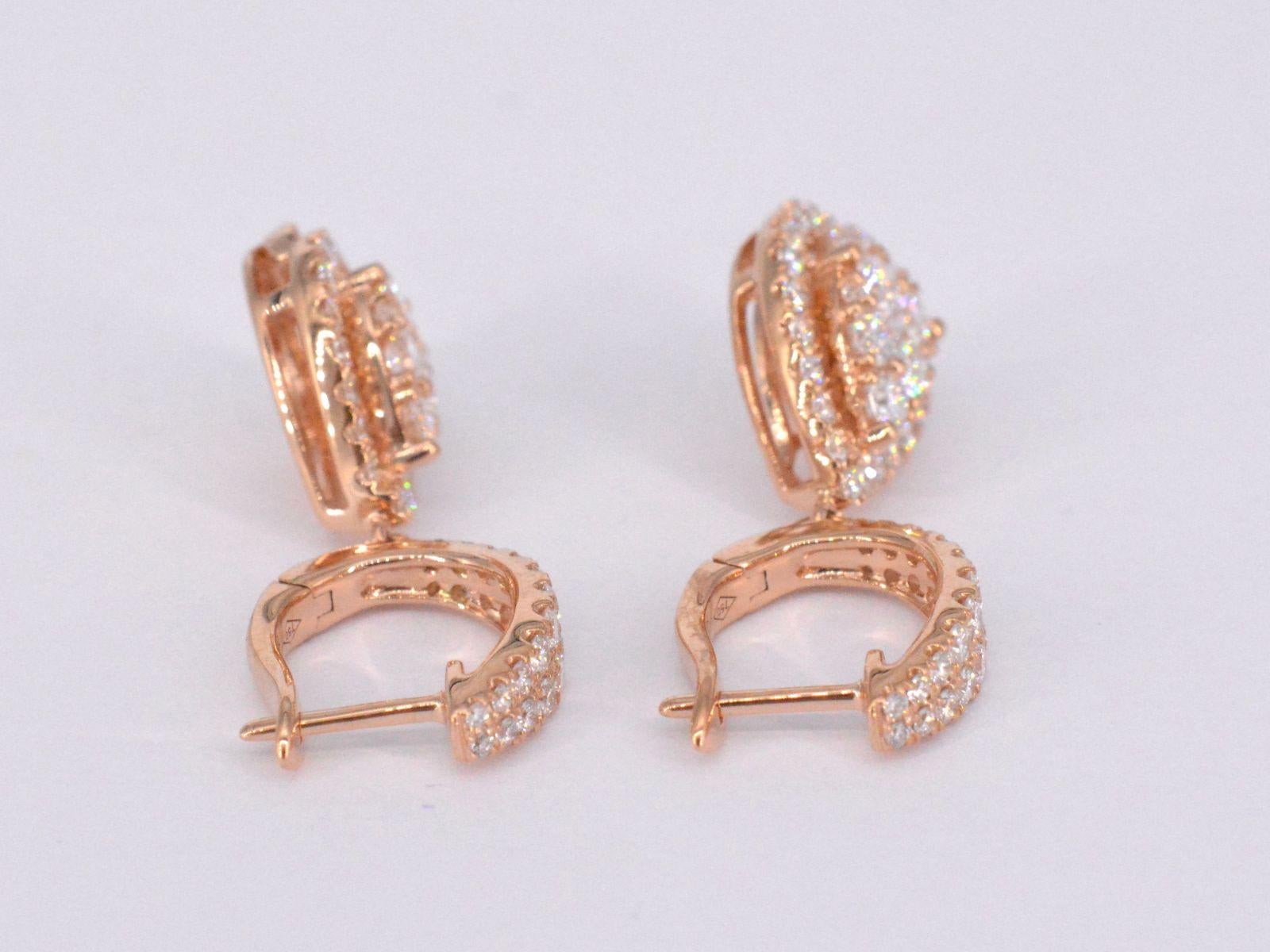 Women's Rose gold drop-shaped earrings with brilliant cut diamonds For Sale