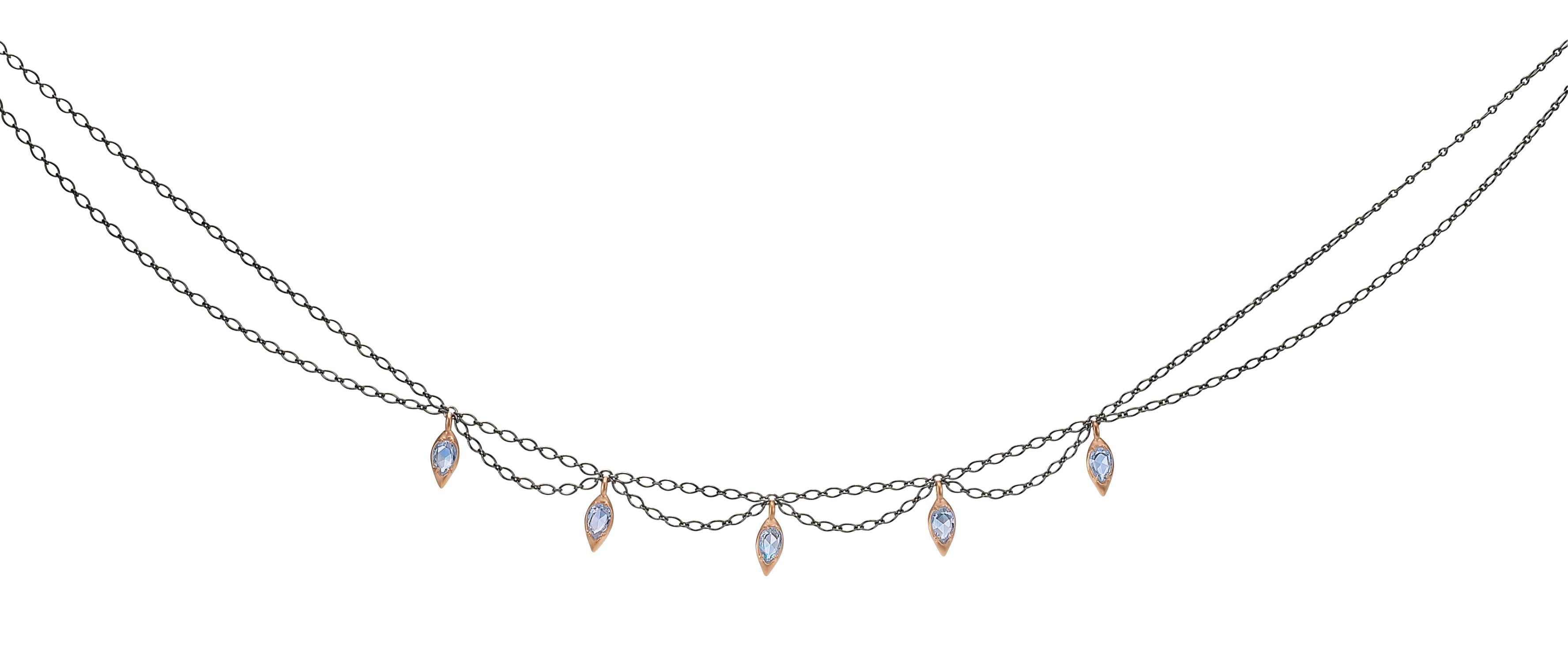 Rose Gold Drops Set with Rose Cut Moonstone and Sterling Silver Scalloped Chain