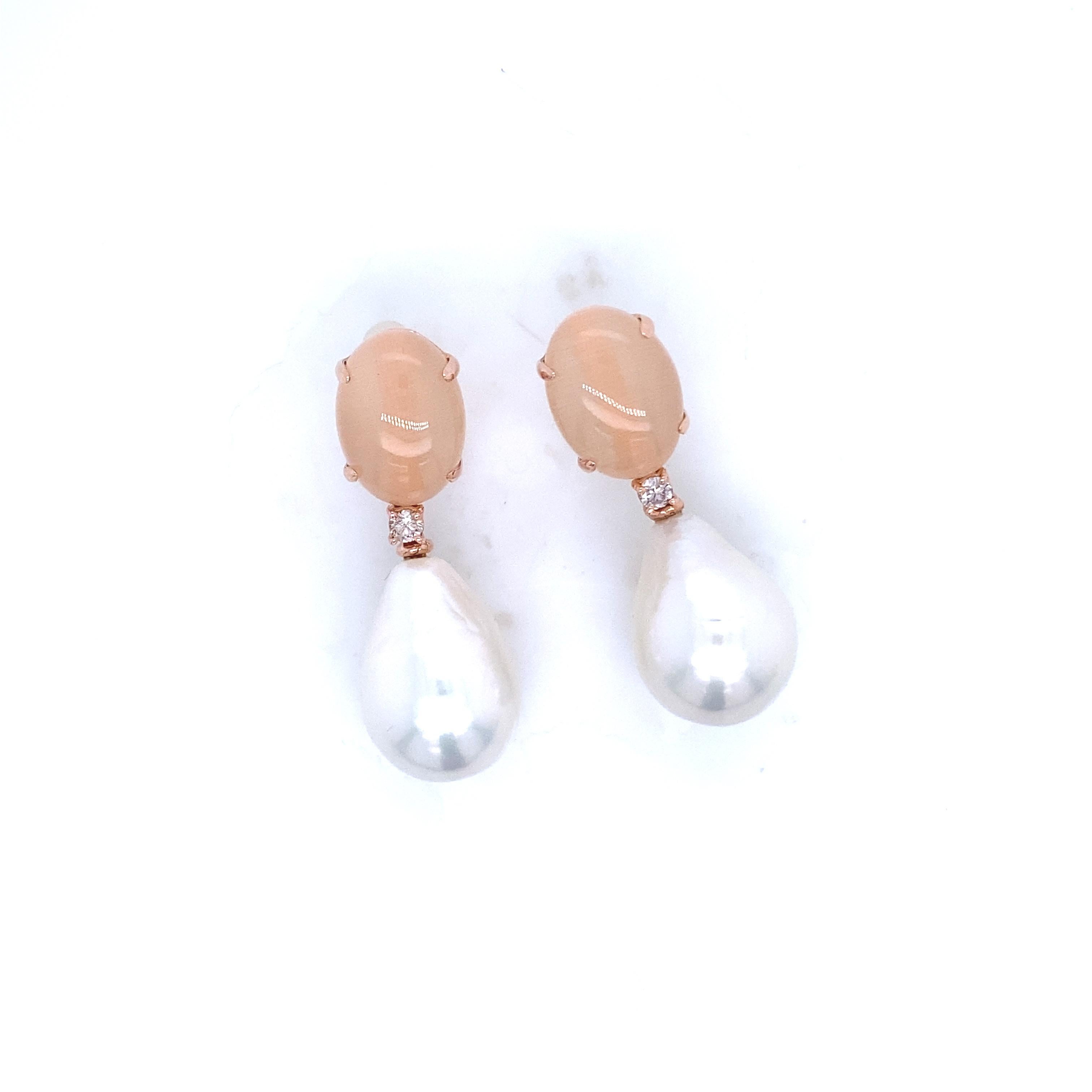 Mixed Cut Rose Gold Earrings, Peachmoons, Pearl, 0.14K Diamonds For Sale