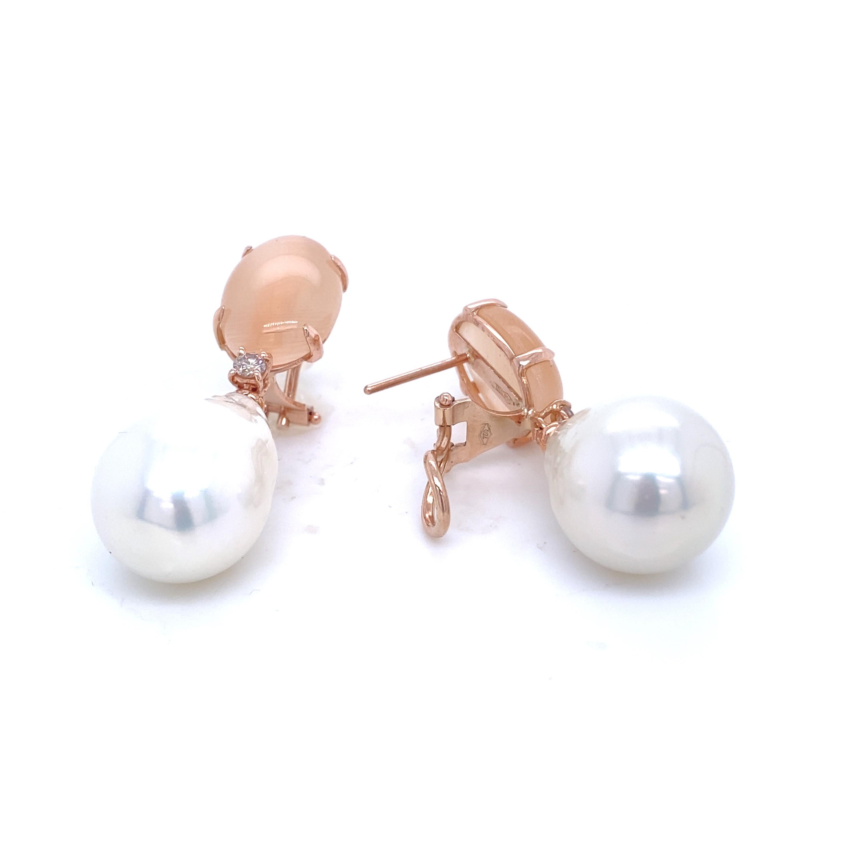 Women's Rose Gold Earrings, Peachmoons, Pearl, 0.14K Diamonds For Sale
