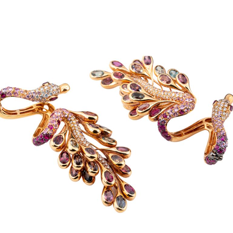 Art Deco Rose Gold Earrings with Diamonds, Pink Sapphire, Tourmaline and Spinel For Sale