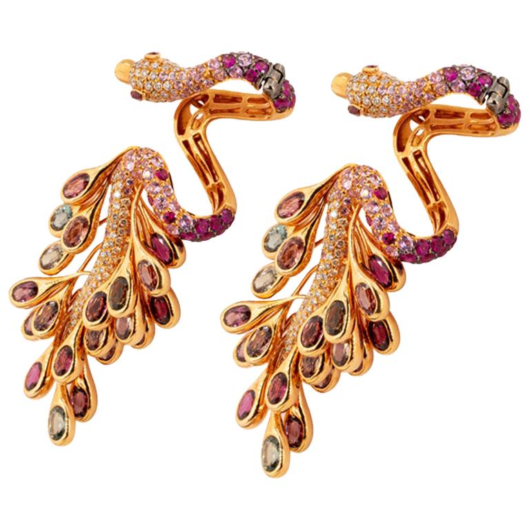 Rose Gold Earrings with Diamonds, Sapphire, Tourmaline and Spinel
Rose Gold 18 K, Diamond 1.98 Carat, Pink Sapphire 2.78 Carat, Tourmaline 2.64 Carat, 
Spinel 5.09 Carat.

Ottoman inspired...
