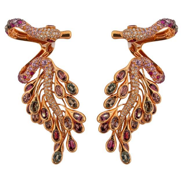 Pendientes de Oro Rosa con Diamantes, Zafiro Rosa, Turmalina y Espinela en venta