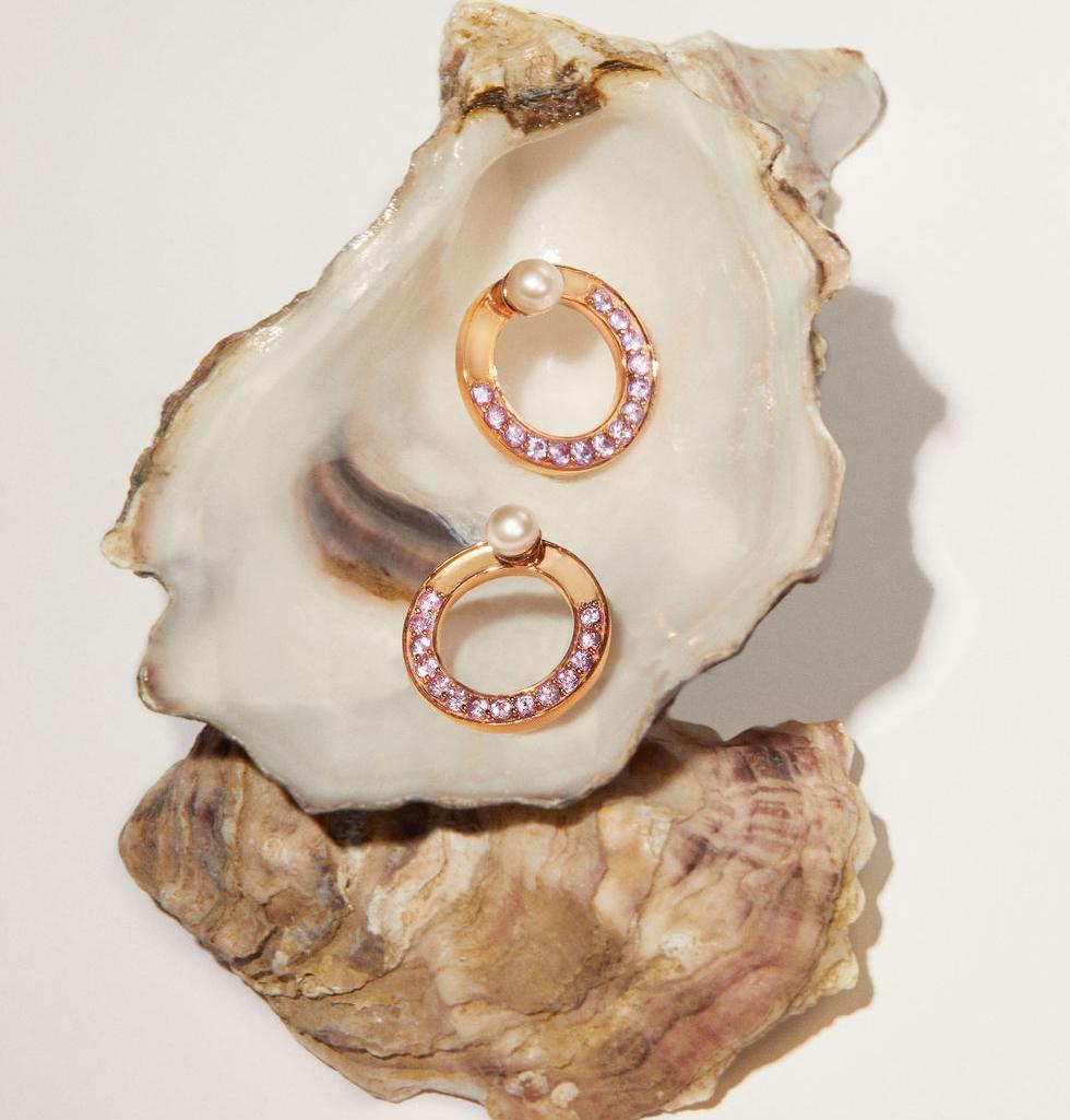Contemporary Rose Gold Earrings With Sapphires And Pearls For Sale