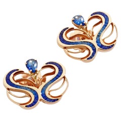 Rose Gold Earrings with White Diamonds, Sapphires and Micromosaic