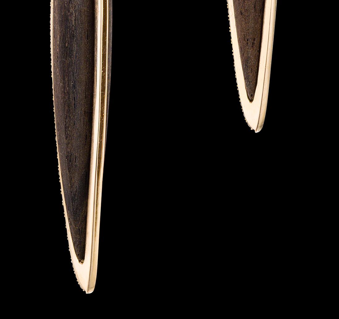 Women's or Men's Rose Gold Ebony Wood Earrings 18 Karat For Sale