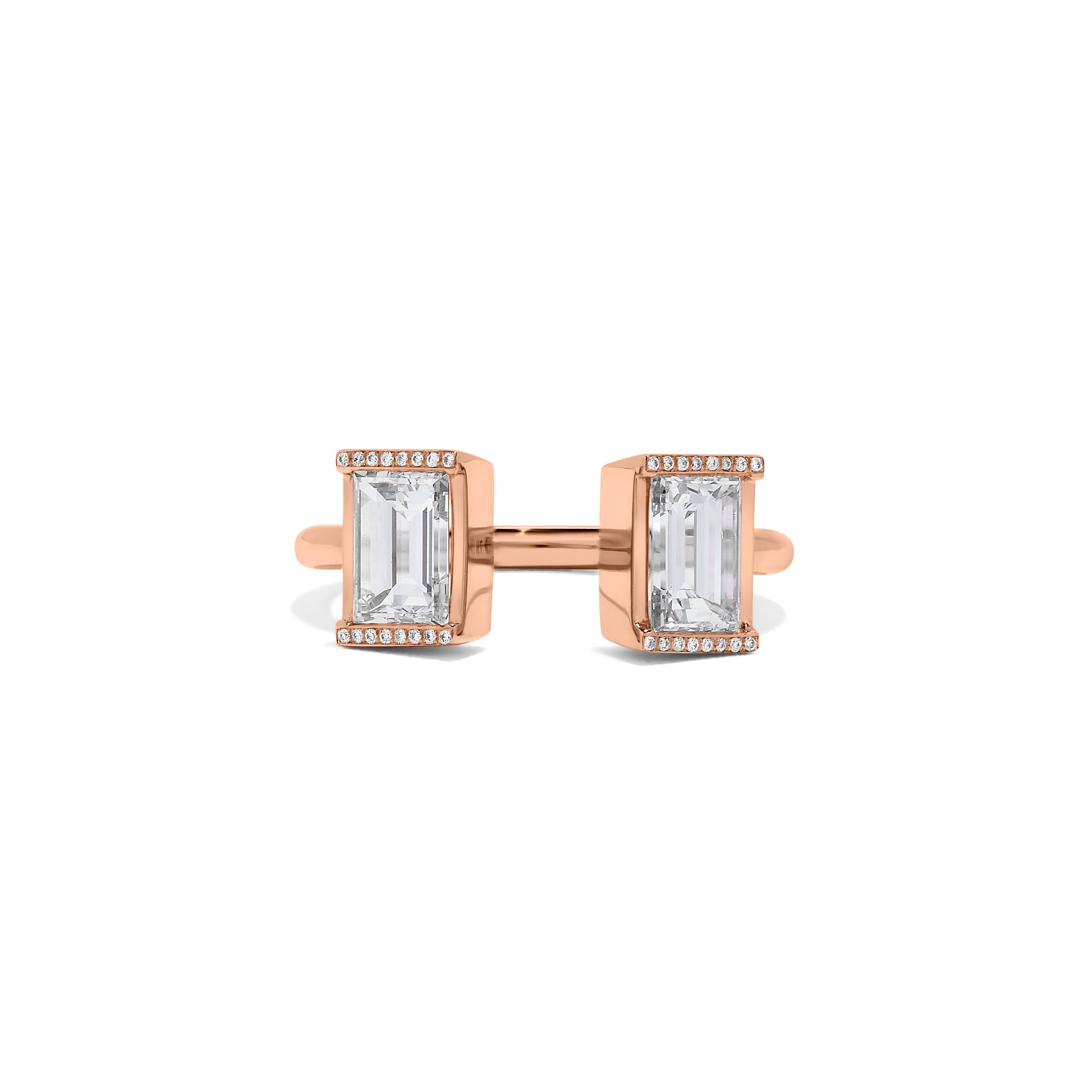 This two stone ring features two GIA certified diamonds weighing 0.72 and 0.78 carats with 0.06 melees set in rose Gold. Size 6. Resizable upon request. 
Emerald Cut 0.72 D VVS2
Emerald Cut 0.78 F VVS2
