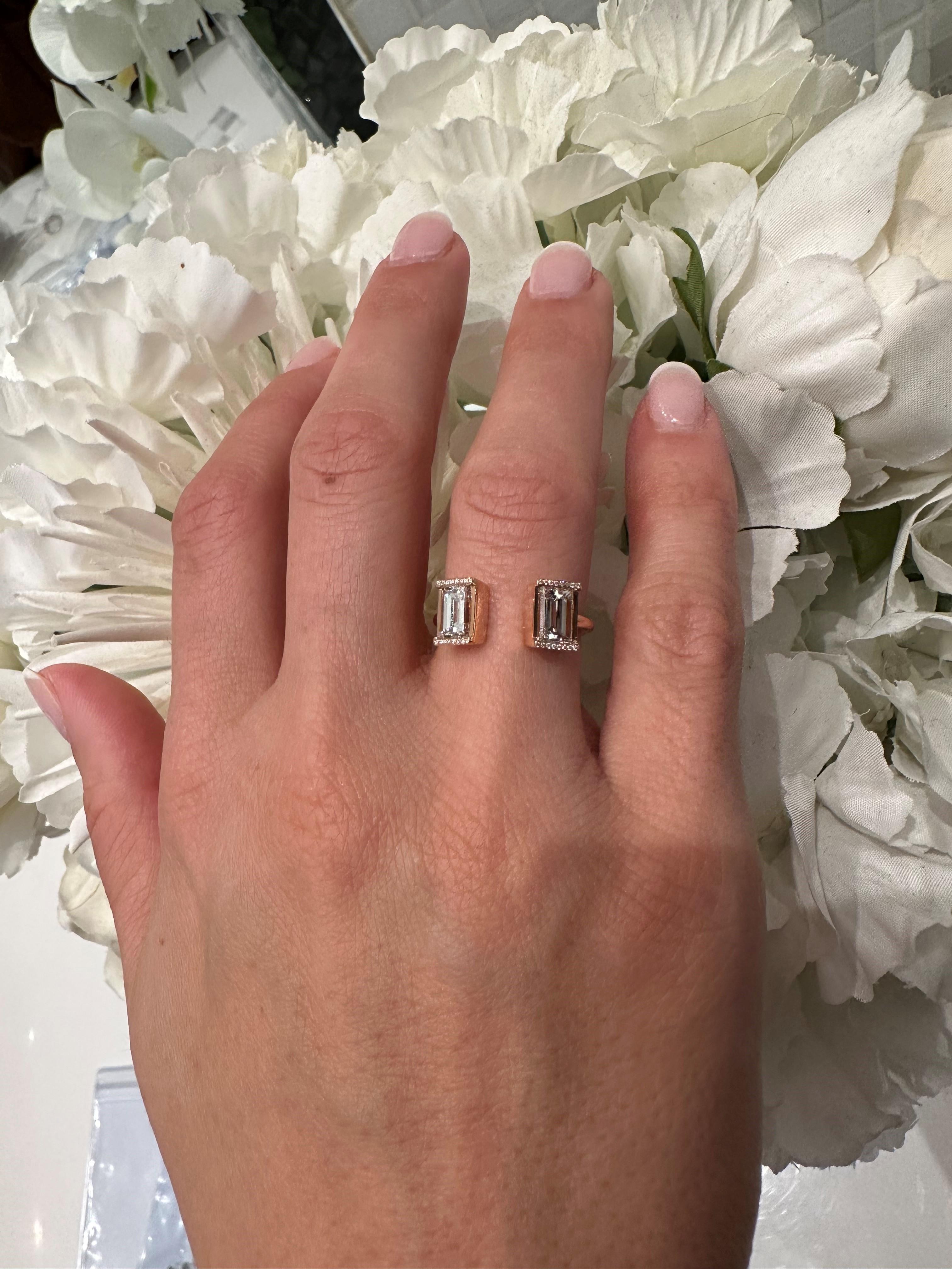 Rose Gold Emerald Cut Two Stone Diamond Ring In New Condition For Sale In New York, NY