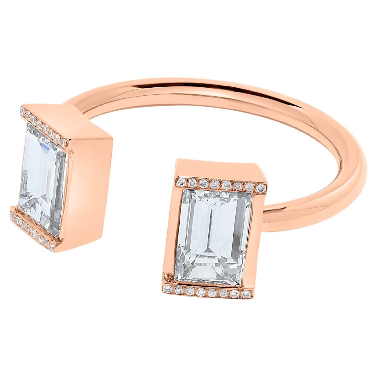 Rose Gold Emerald Cut Two Stone Diamond Ring For Sale