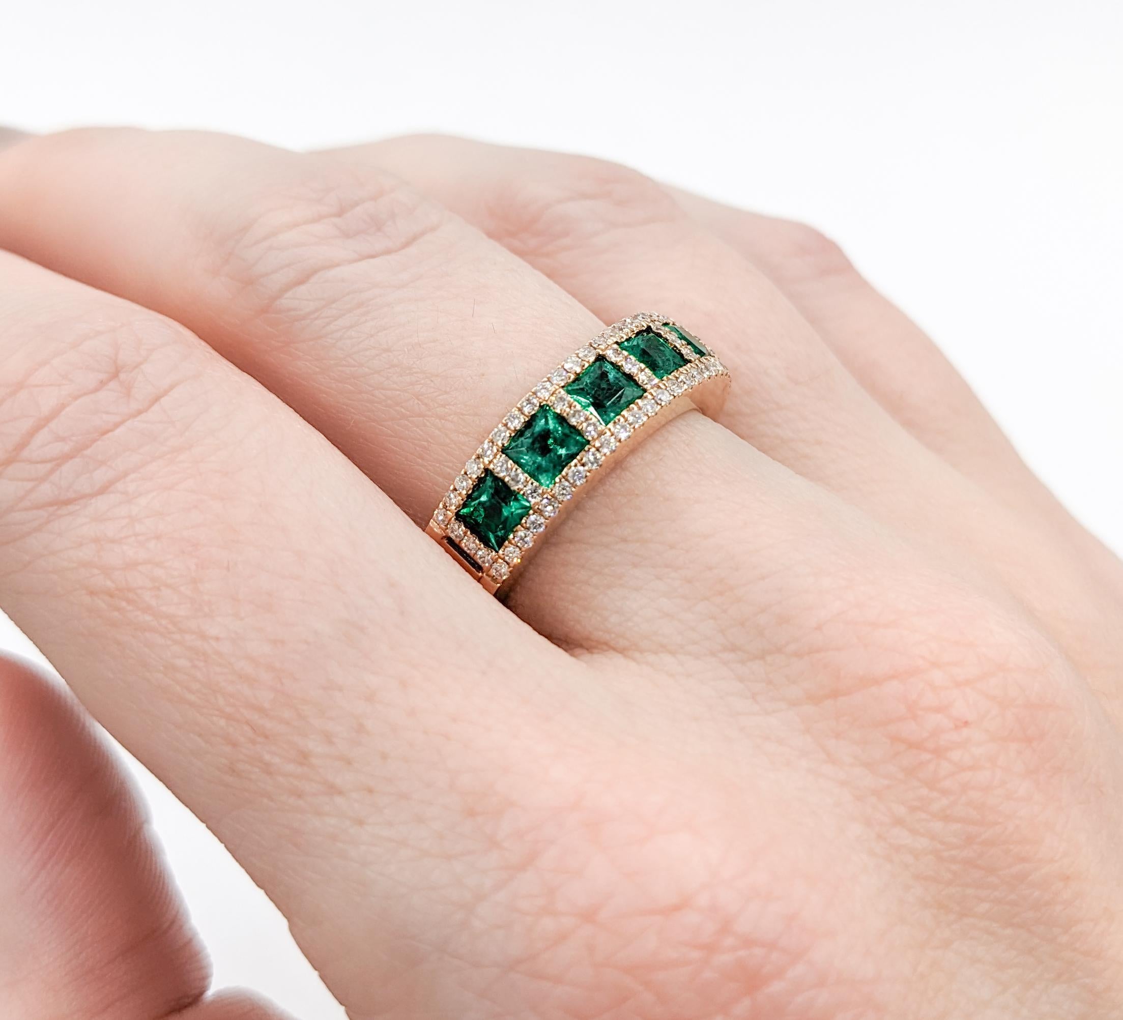 Romantic Rose Gold Emerald & Diamond Band Ring

Elevate your elegance with this captivating ring, meticulously fashioned in 14K rose gold. It showcases a set of .44ctw round diamonds beautifully complemented by 1.40ctw princess cut Emeralds, merging