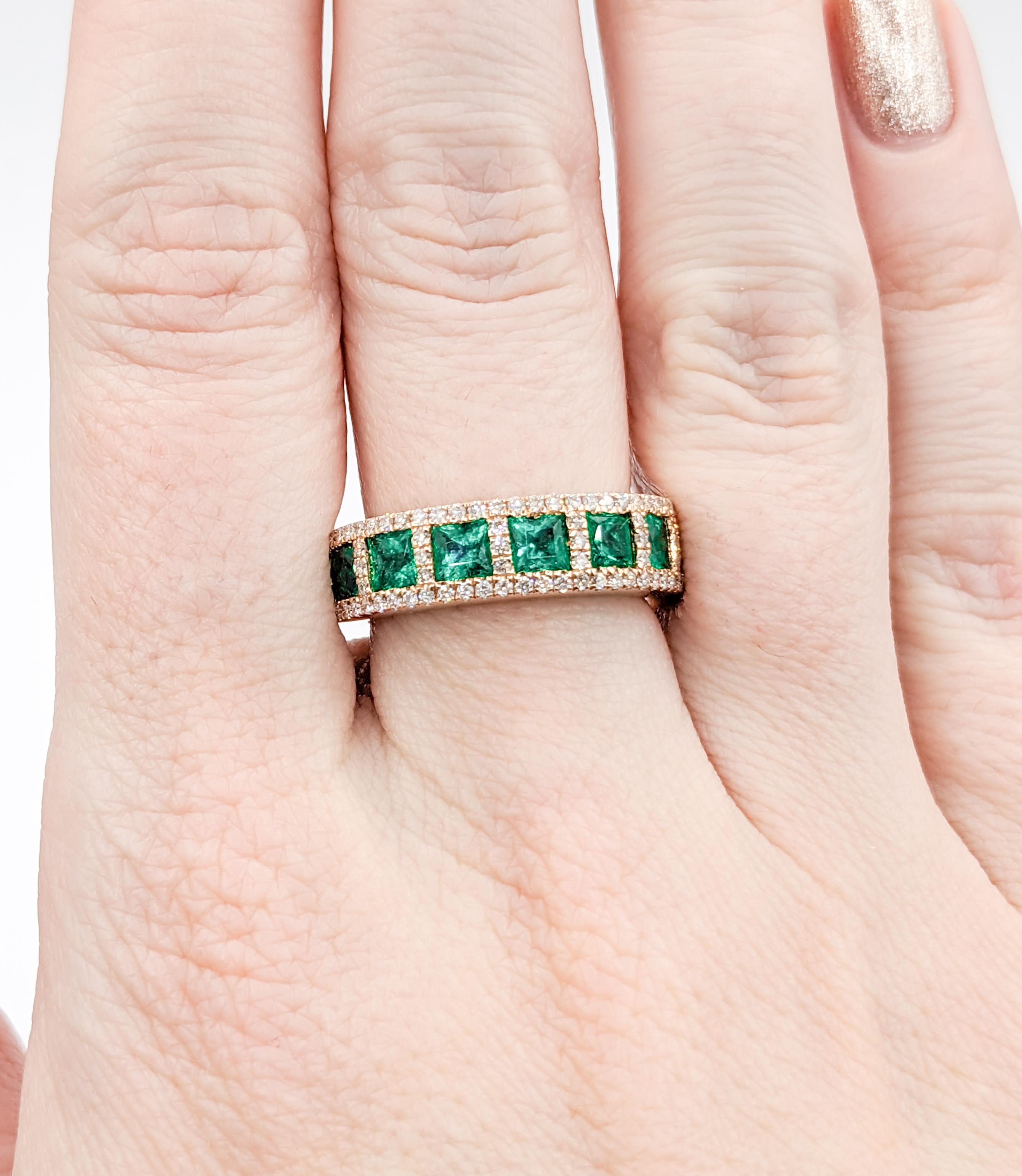 Princess Cut Rose Gold Emerald & Diamond Band Ring For Sale