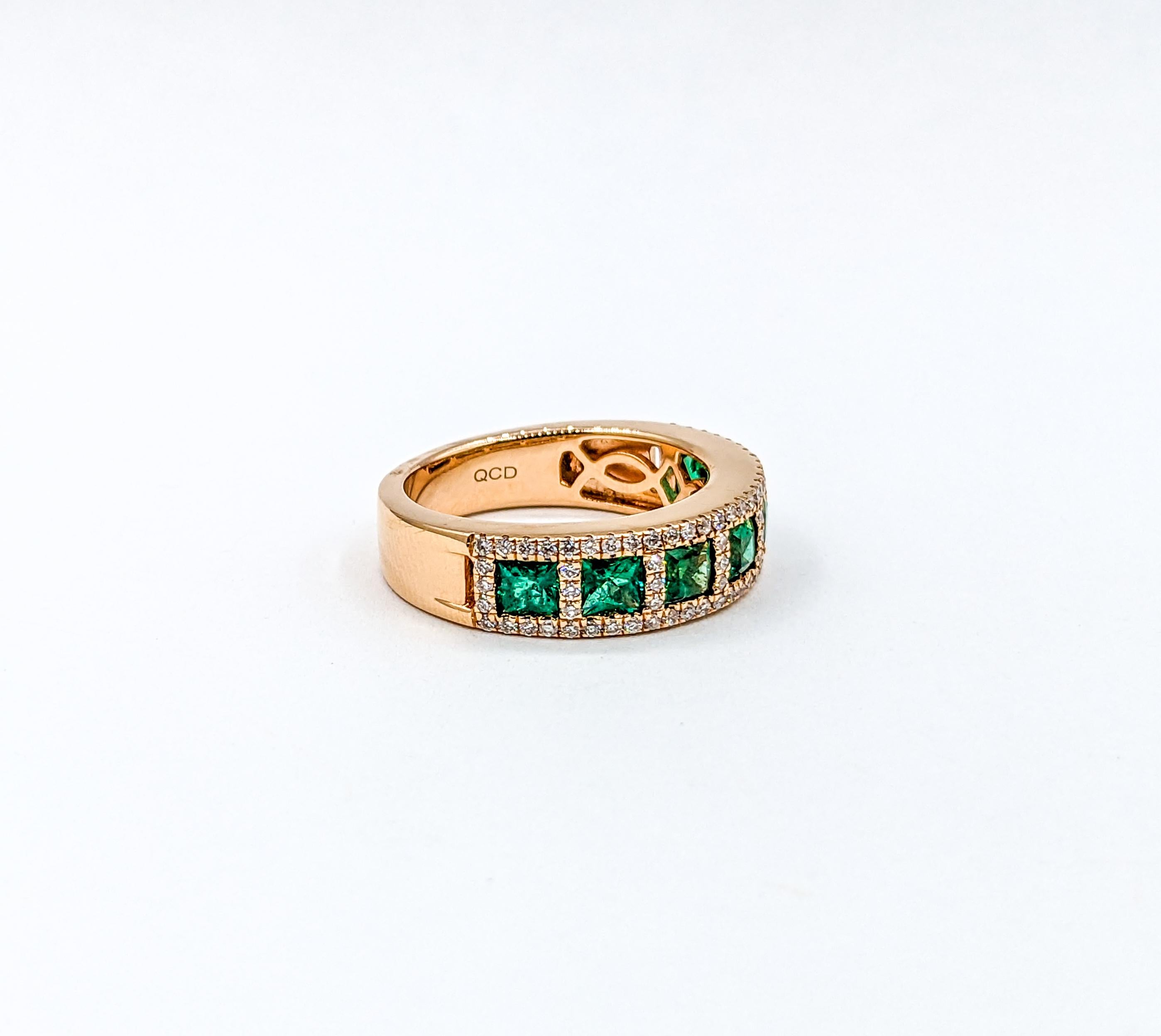 Women's or Men's Rose Gold Emerald & Diamond Band Ring For Sale