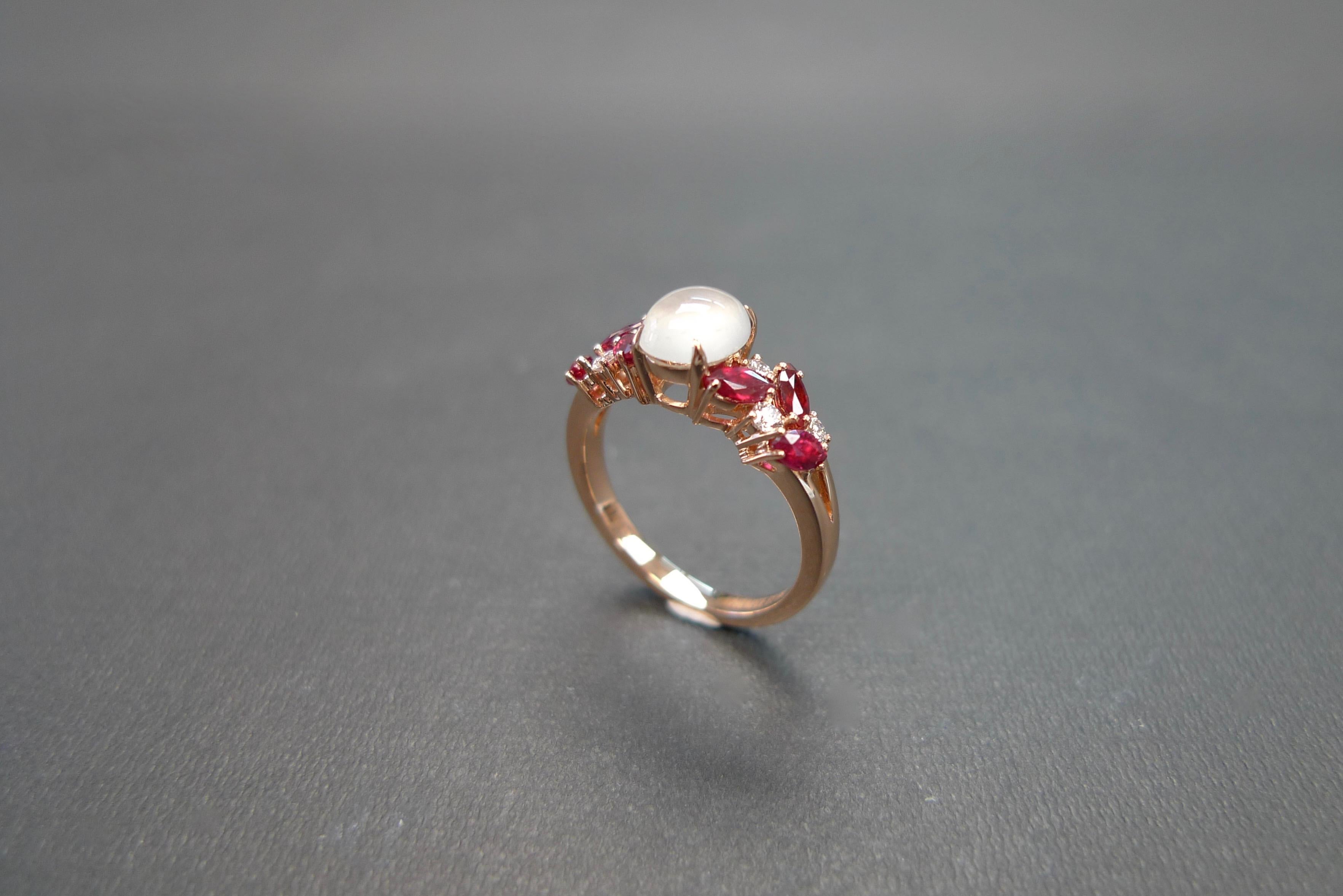 For Sale:  Rose Gold Engagement Ring Set with White Jade, Marquise Rubies and Diamond 12