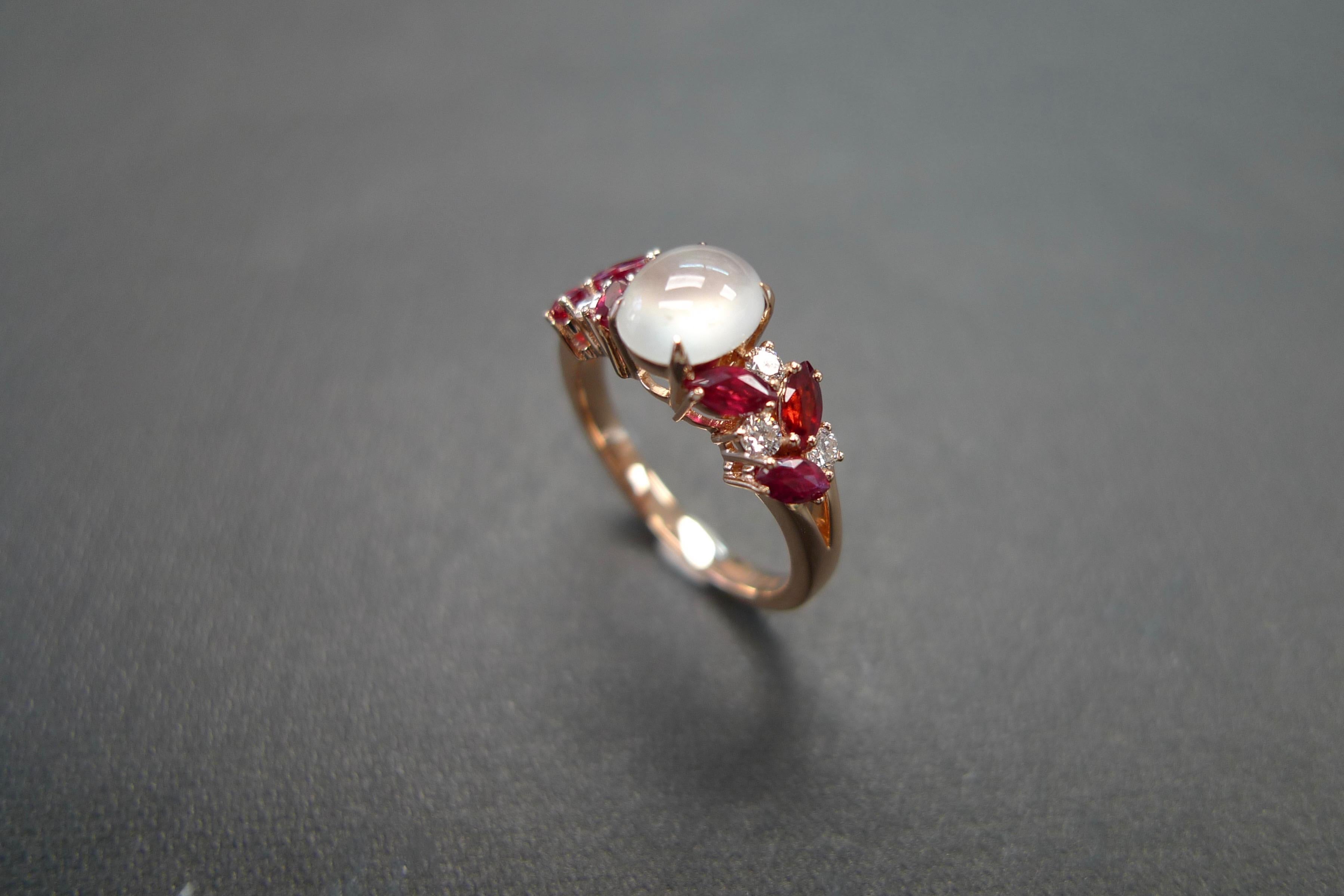 For Sale:  Rose Gold Engagement Ring Set with White Jade, Marquise Rubies and Diamond 13