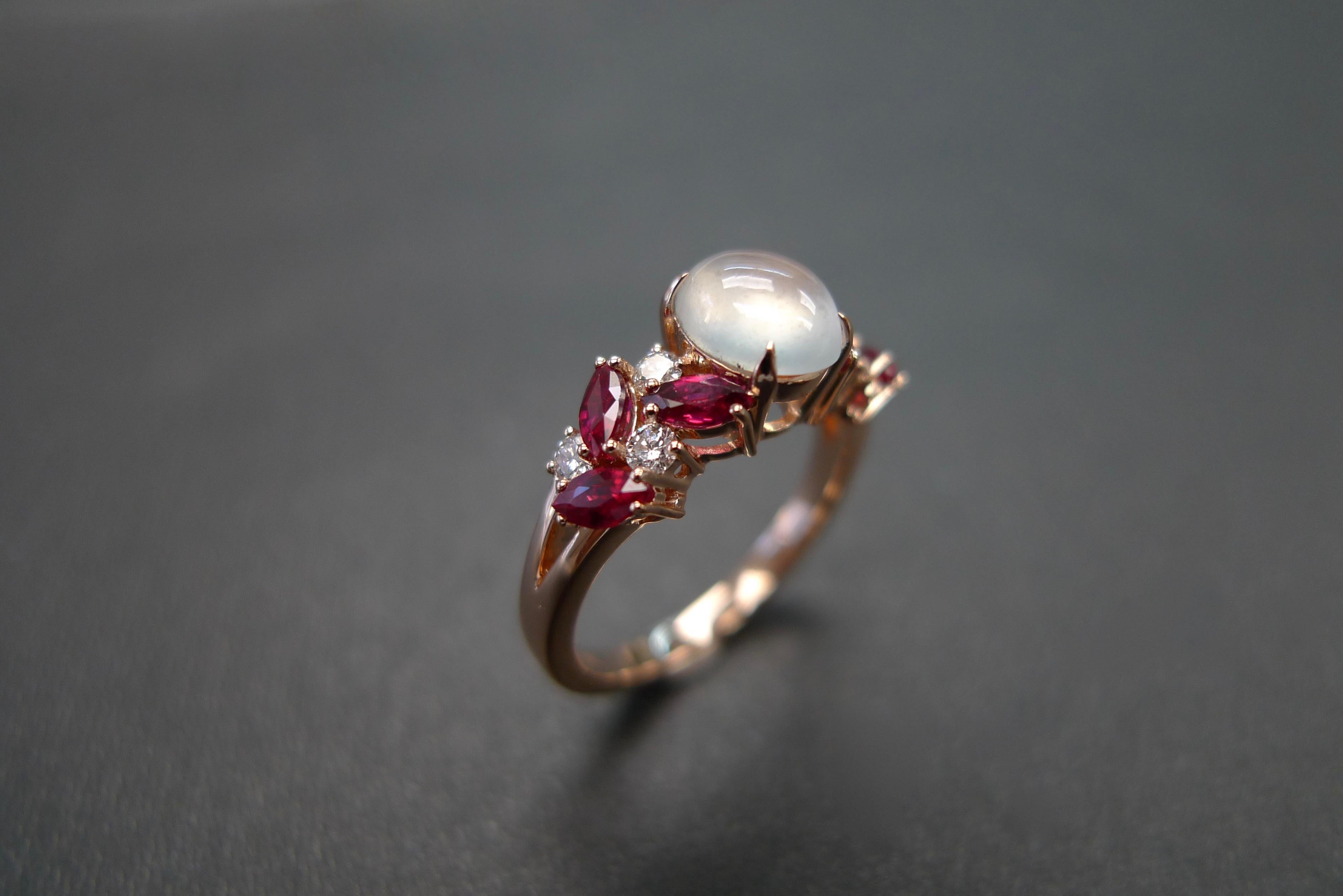 For Sale:  Rose Gold Engagement Ring Set with White Jade, Marquise Rubies and Diamond 2