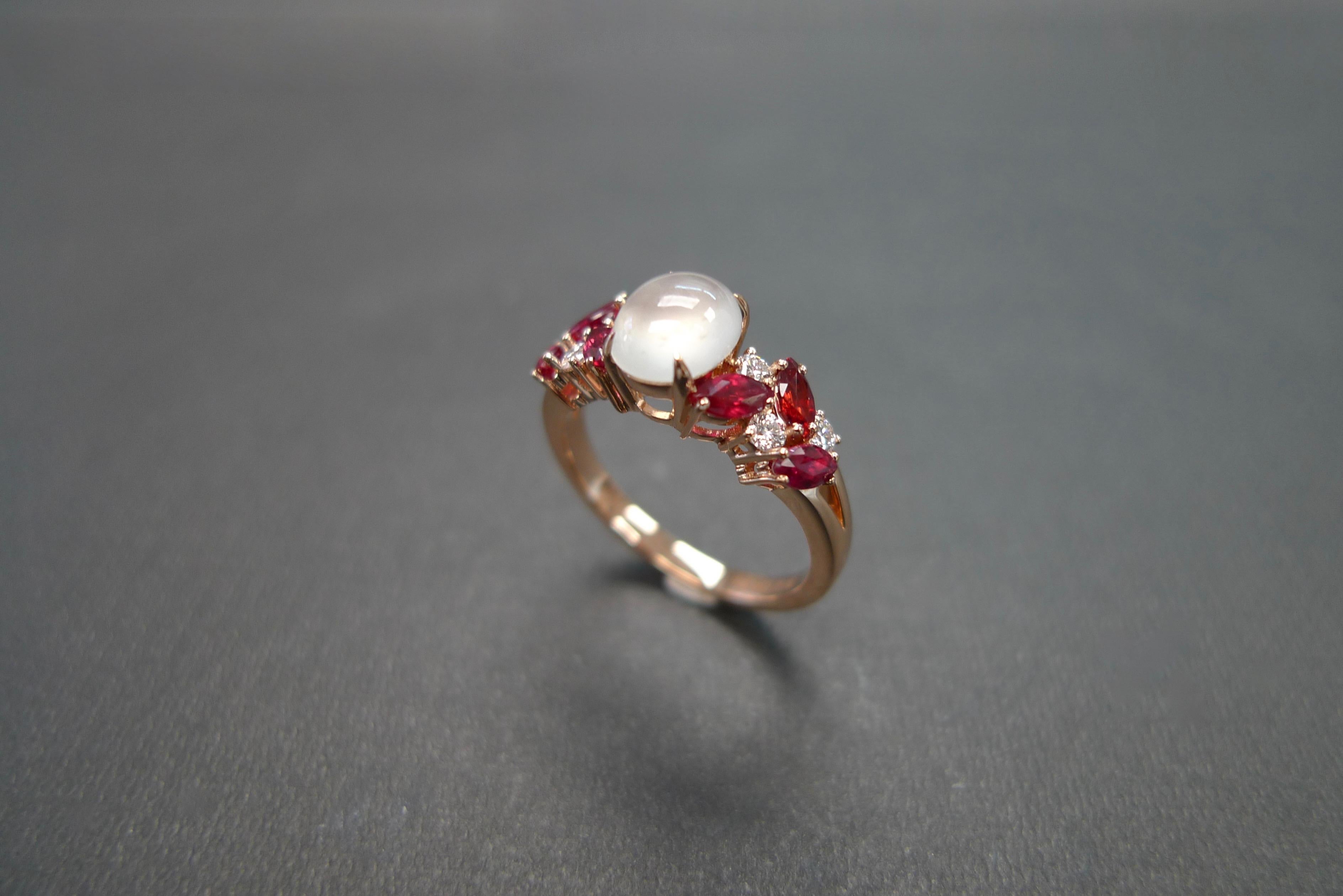 For Sale:  Rose Gold Engagement Ring Set with White Jade, Marquise Rubies and Diamond 3