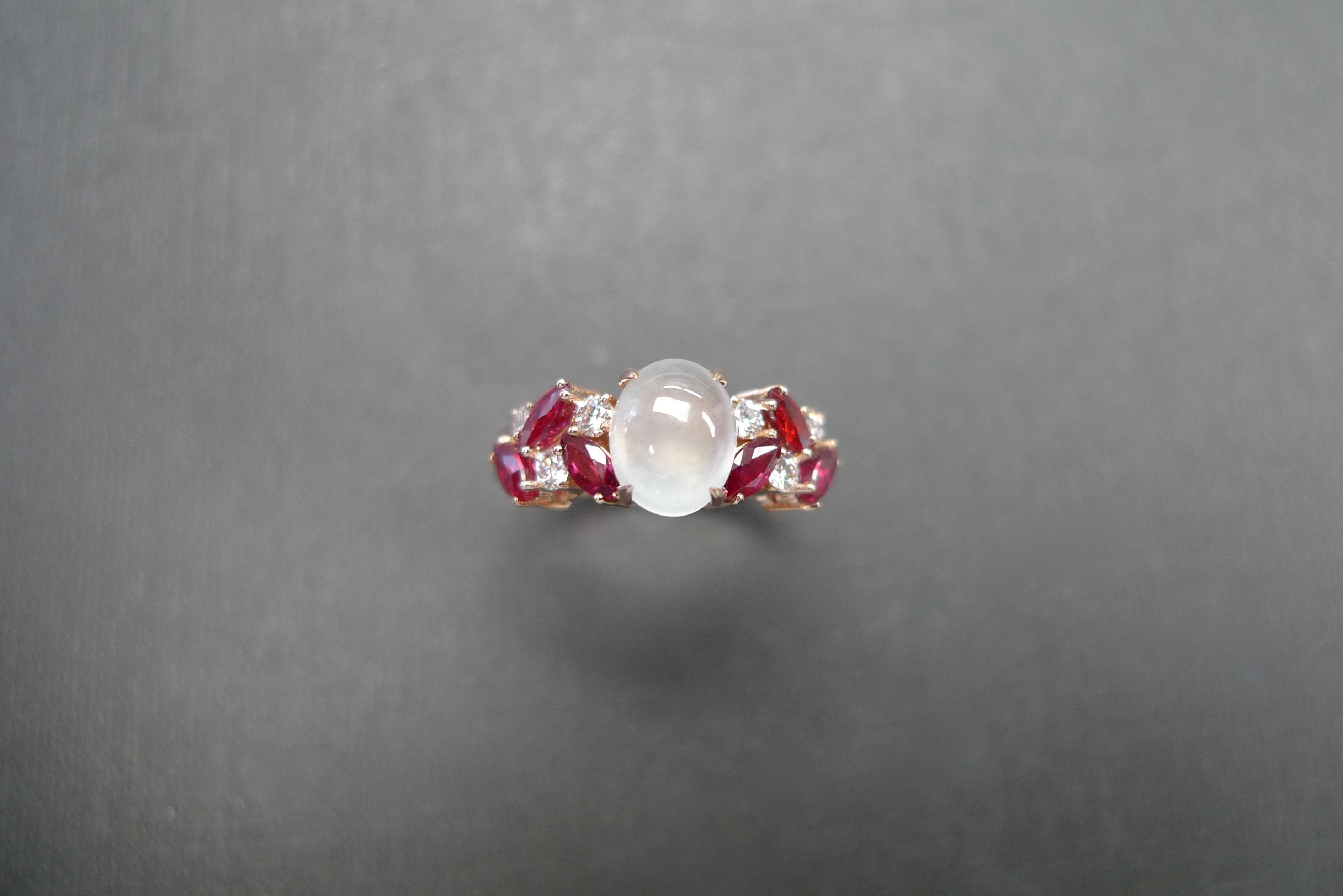 For Sale:  Rose Gold Engagement Ring Set with White Jade, Marquise Rubies and Diamond 4