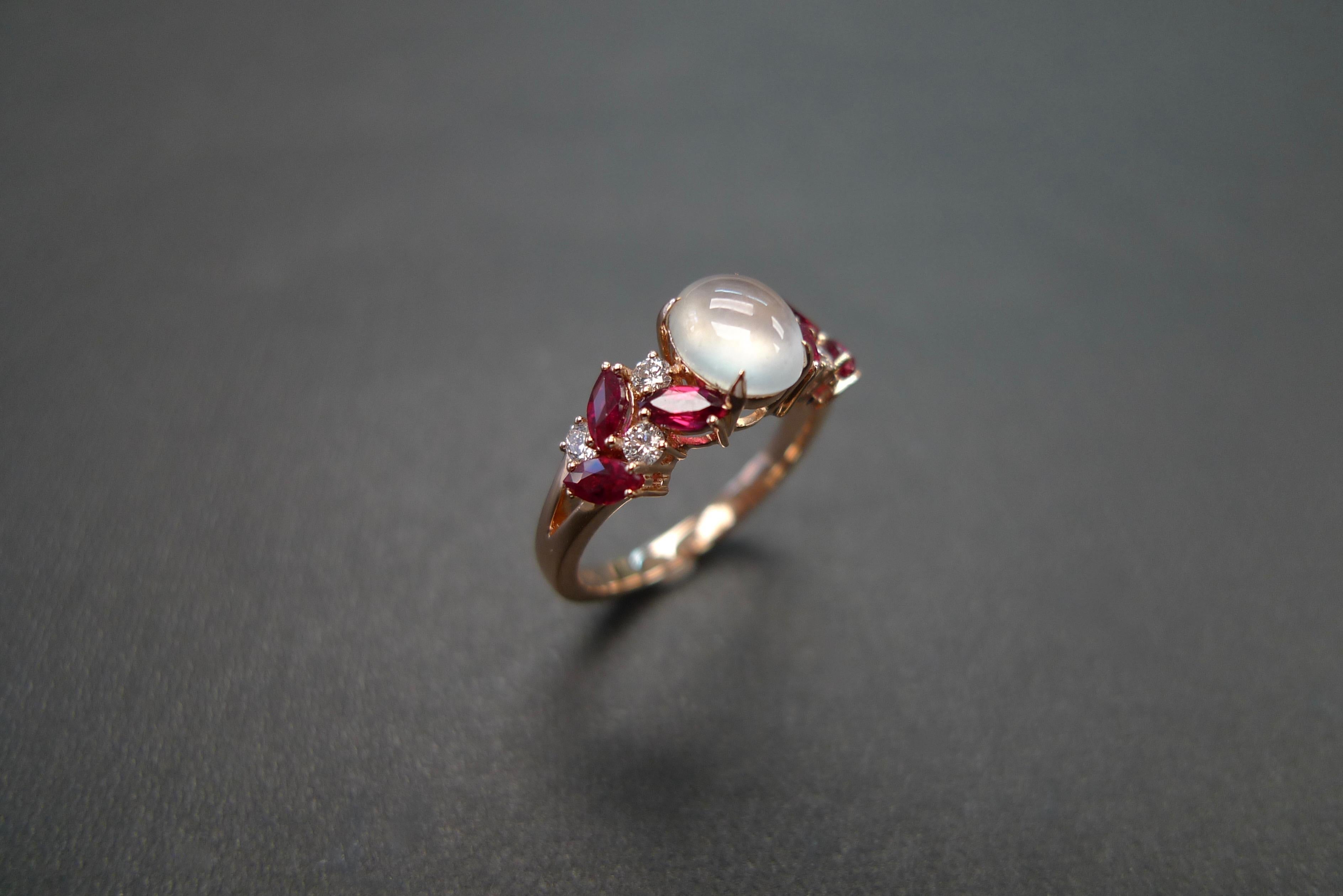 For Sale:  Rose Gold Engagement Ring Set with White Jade, Marquise Rubies and Diamond 6