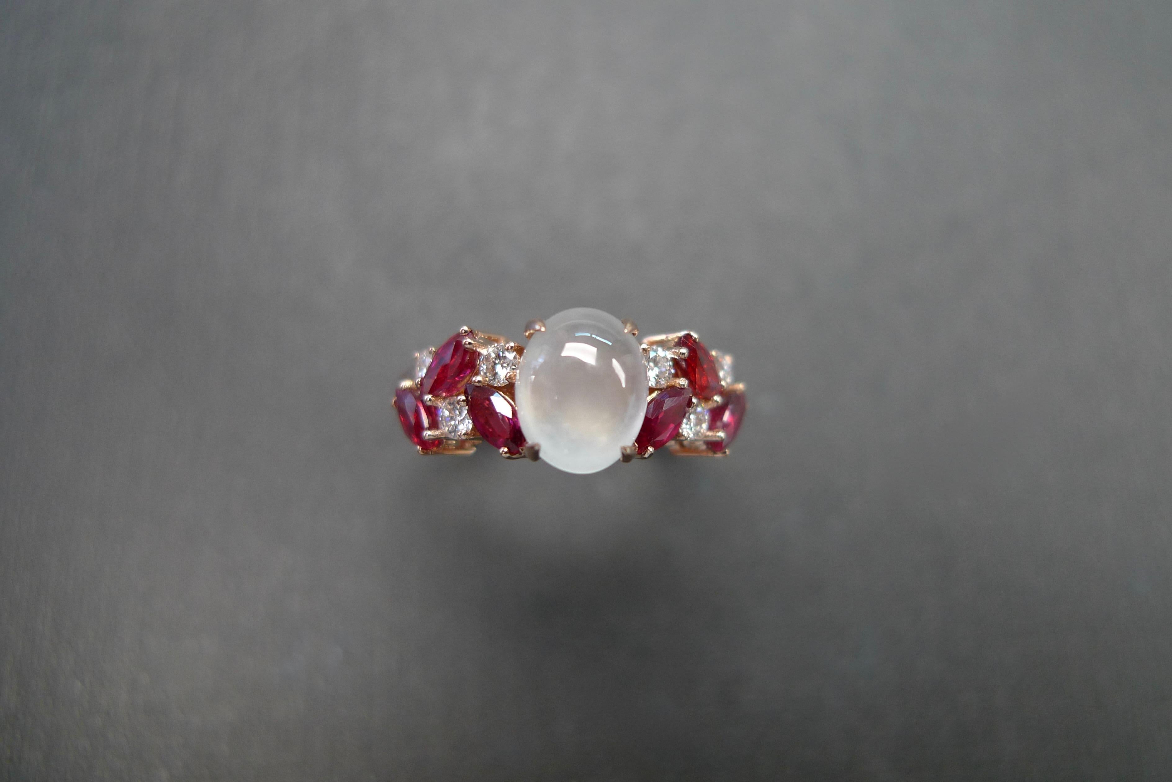 For Sale:  Rose Gold Engagement Ring Set with White Jade, Marquise Rubies and Diamond 7