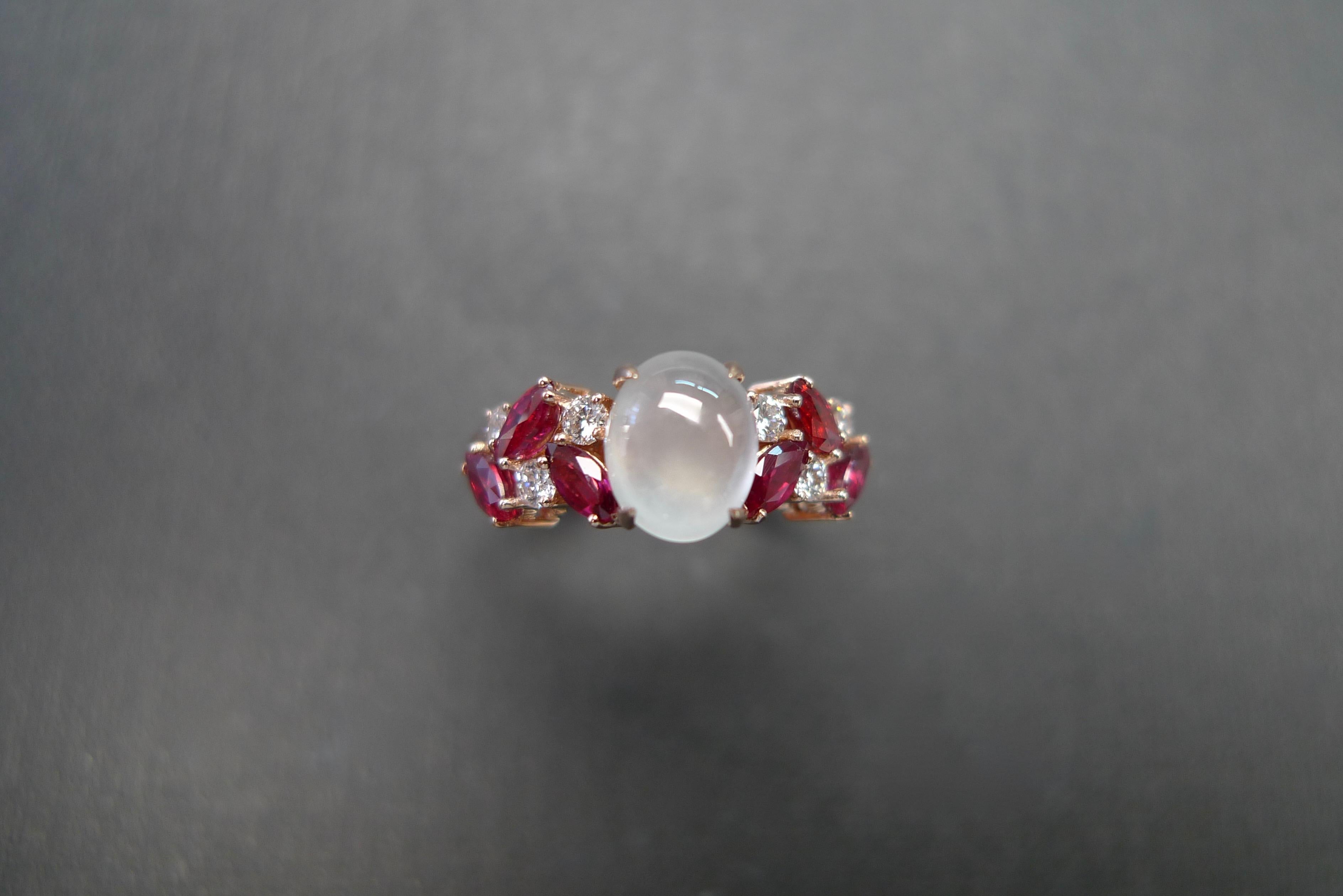 For Sale:  Rose Gold Engagement Ring Set with White Jade, Marquise Rubies and Diamond 9