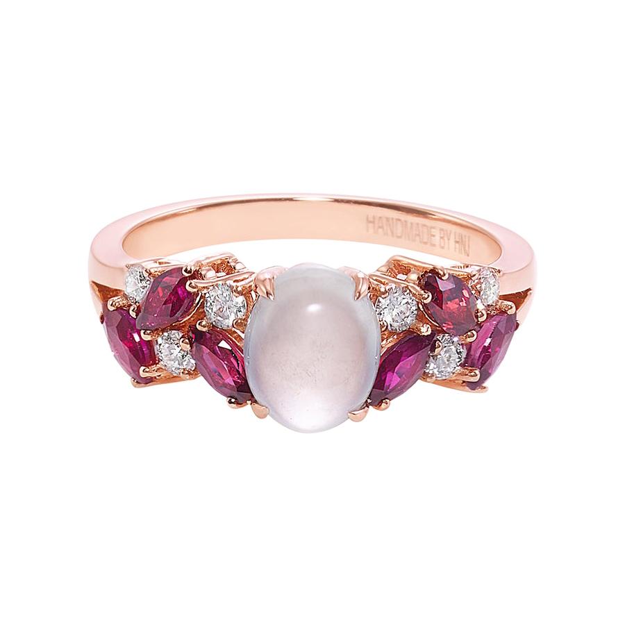Rose Gold Engagement Ring Set with White Jade, Marquise Rubies and Diamond