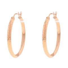 Rose Gold Etched Leaf Hoop Earrings - 14k Nature Knife-Edge Pierced
